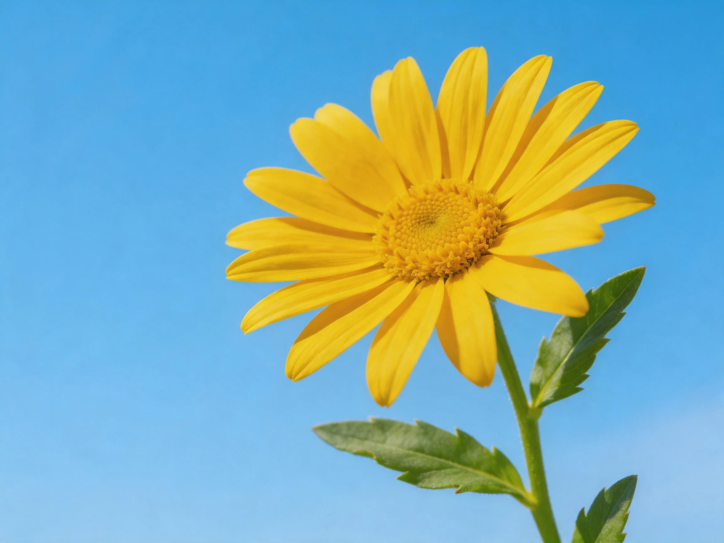 A vibrant yellow daisy with green leaves against a clear blue sky
