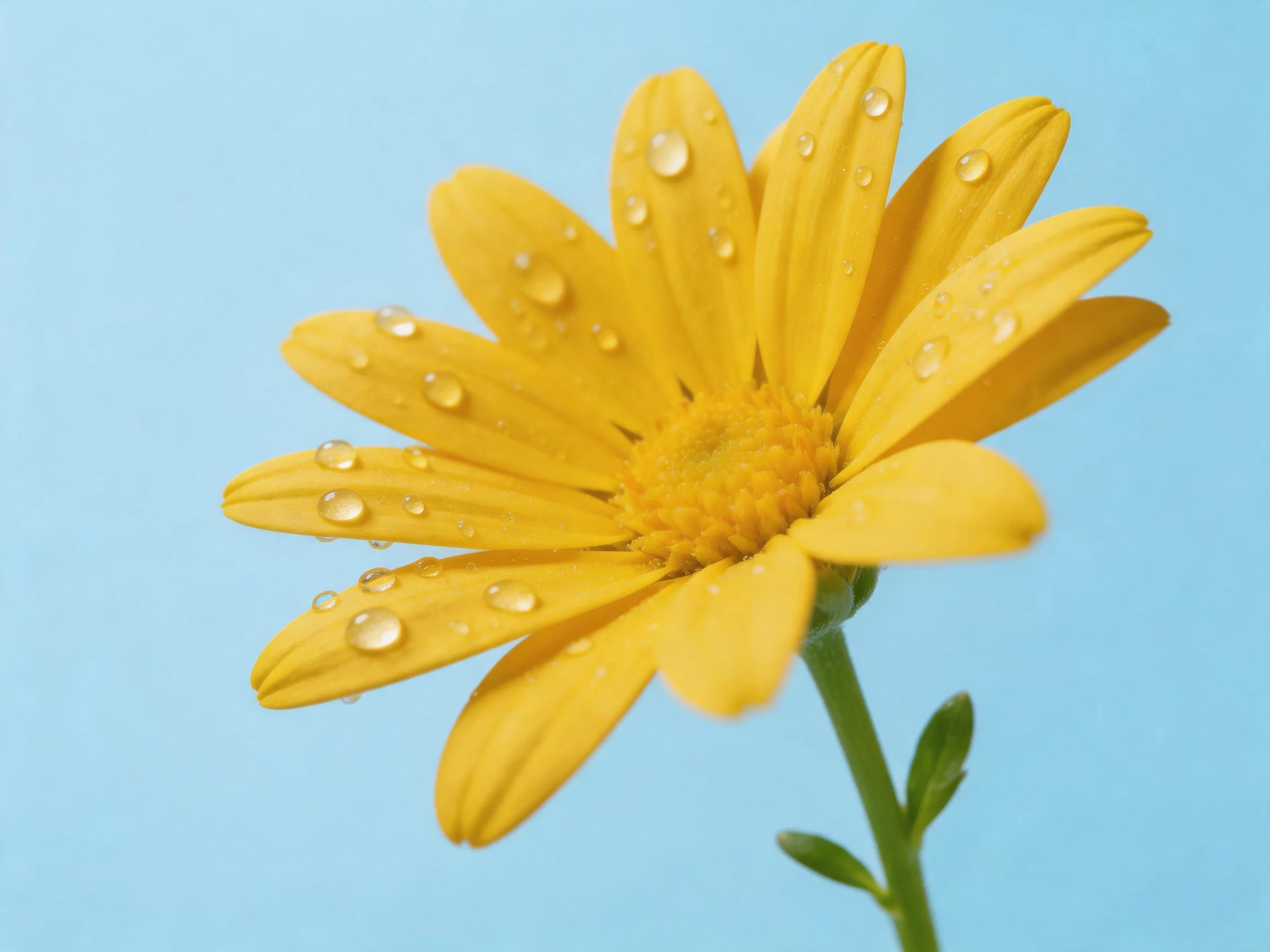 A vibrant yellow daisy with numerous water droplets set against a clear blue sky