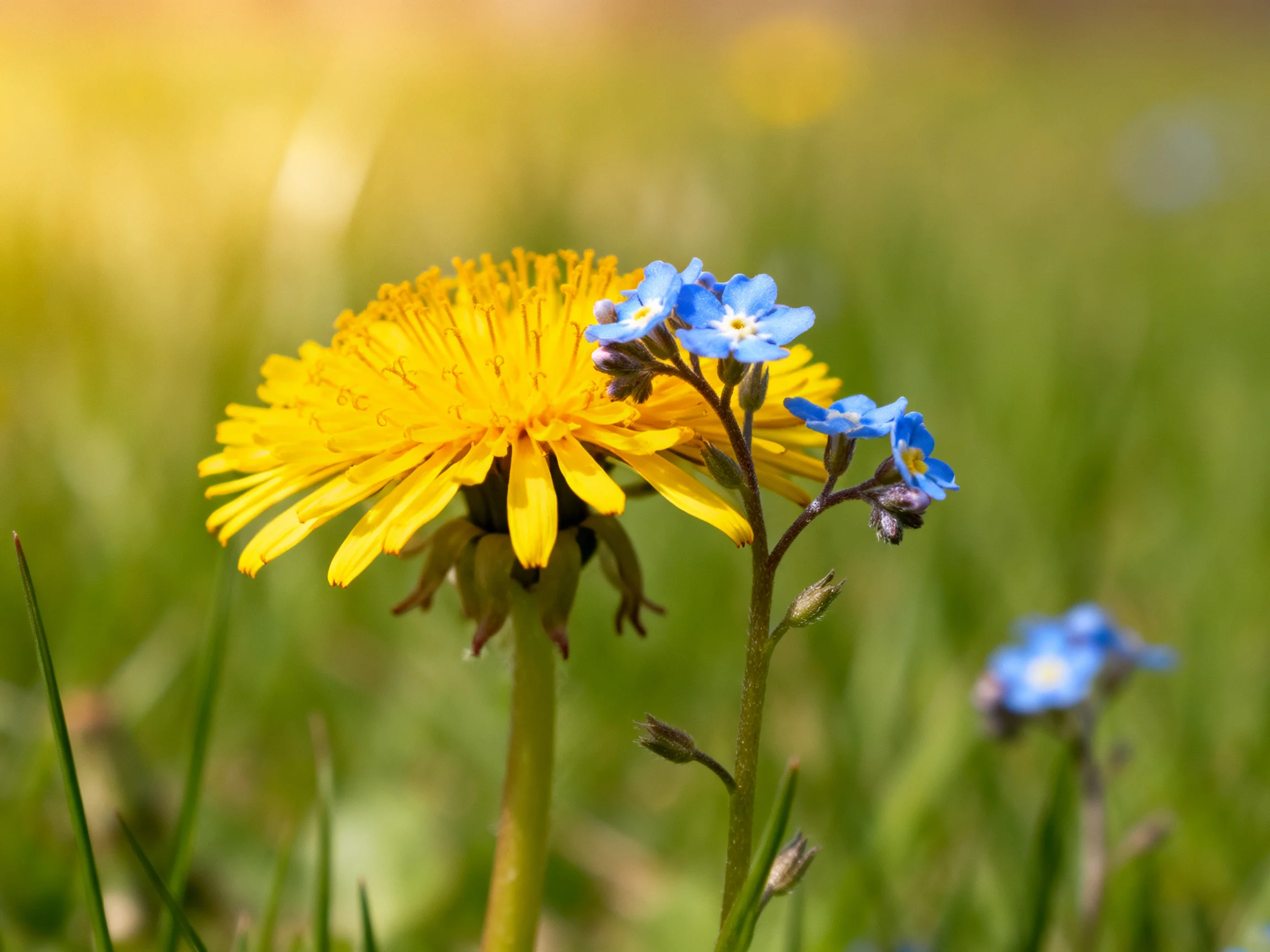 A vibrant yellow dandelion beside delicate blue forget-me-nots in a sunlit meadow