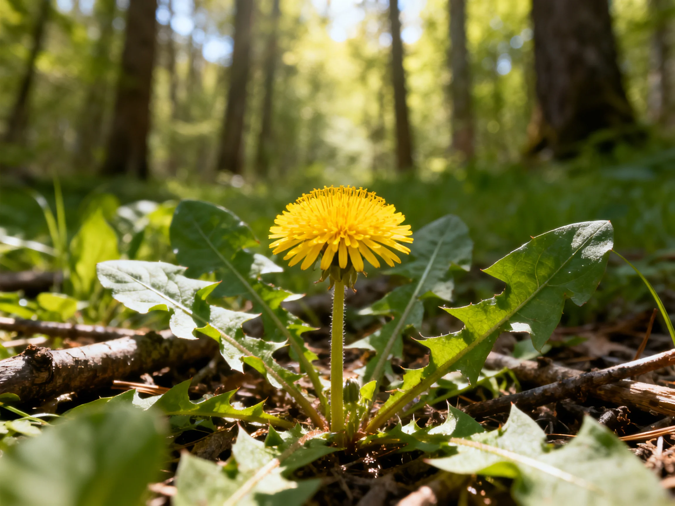 A vibrant yellow dandelion blooms amid lush green foliage in a sun-dappled forest