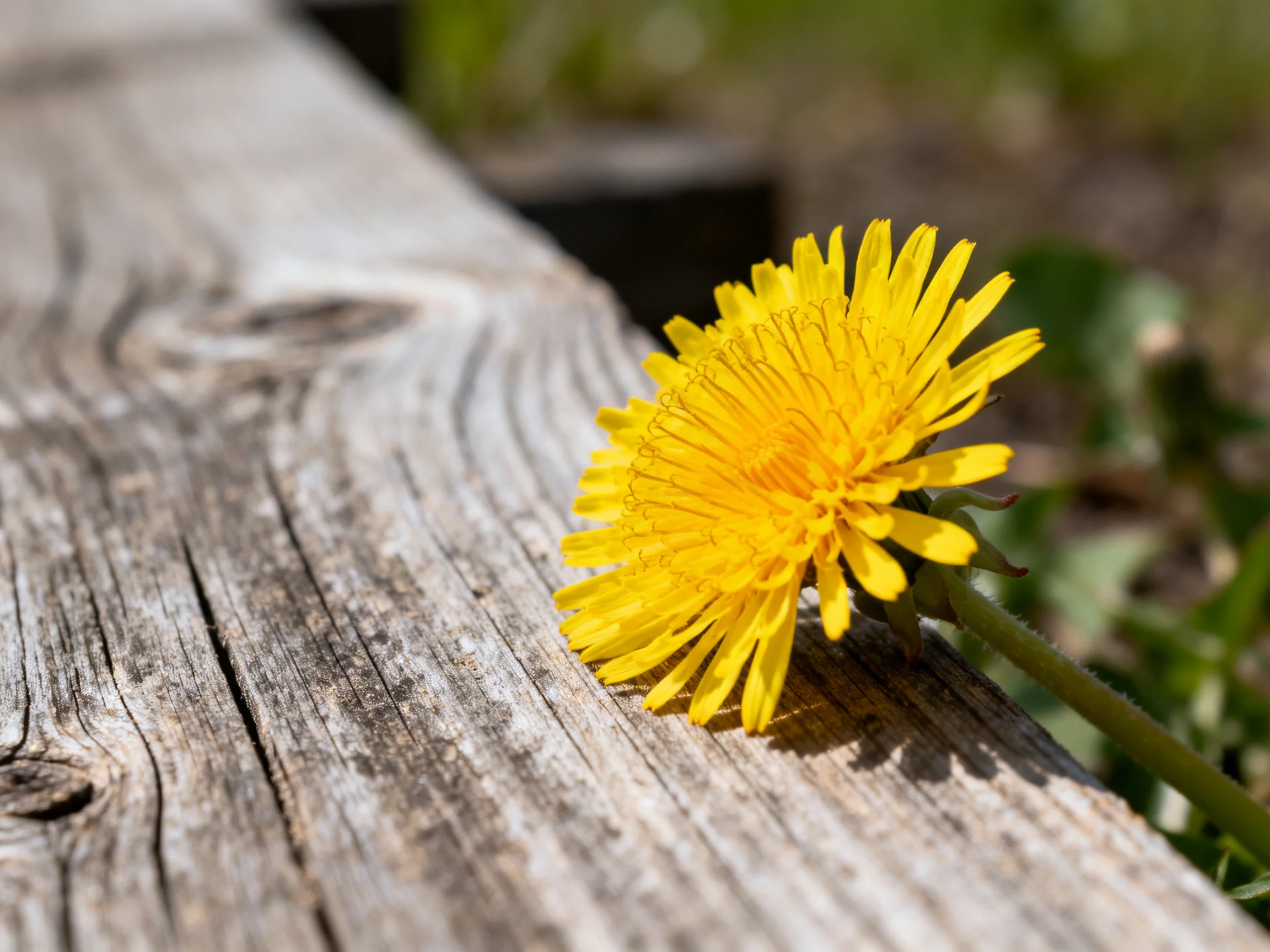 A vibrant yellow dandelion rests upon an aged wooden plank