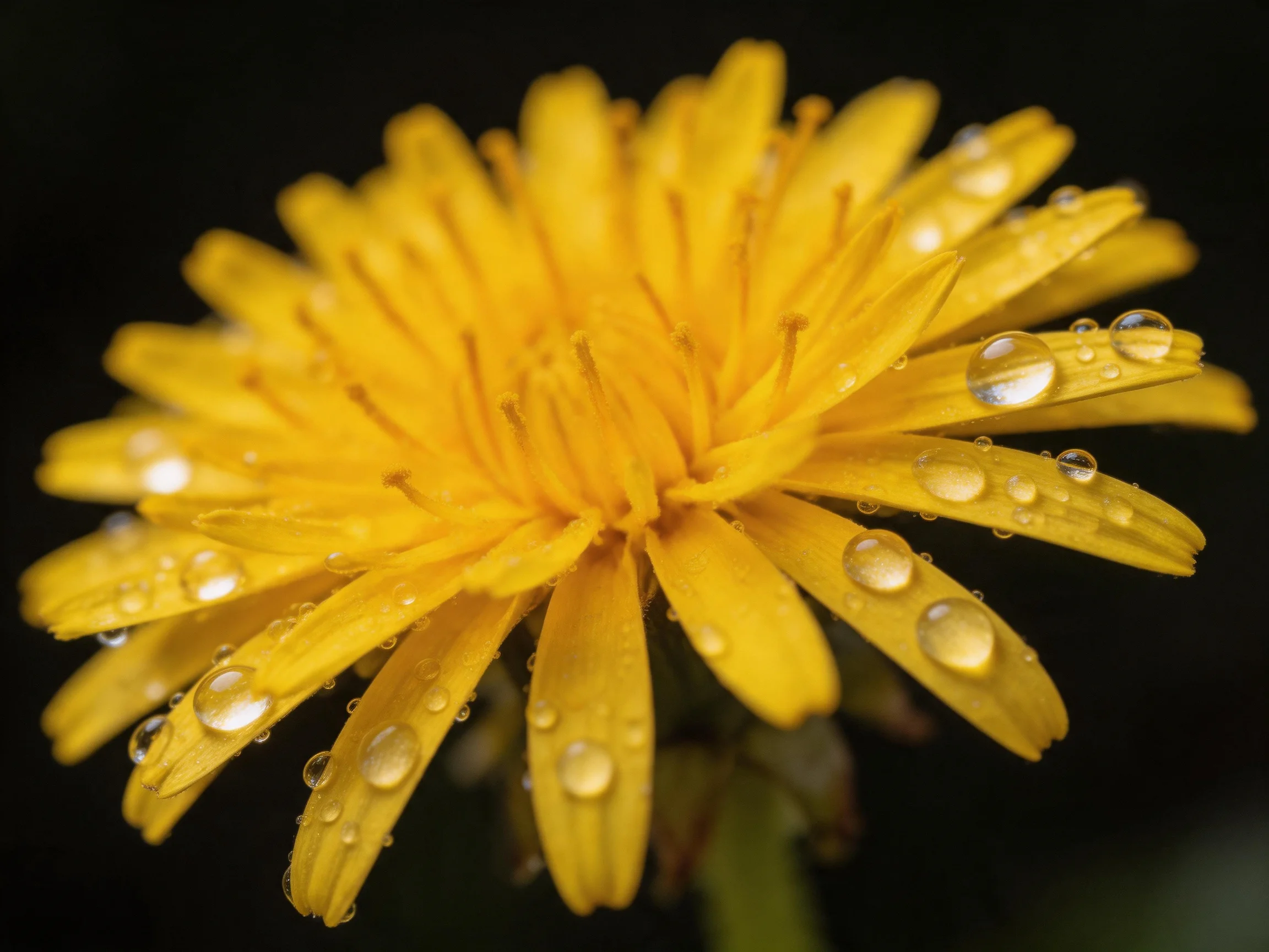 A vibrant yellow dandelion with glistening dewdrops