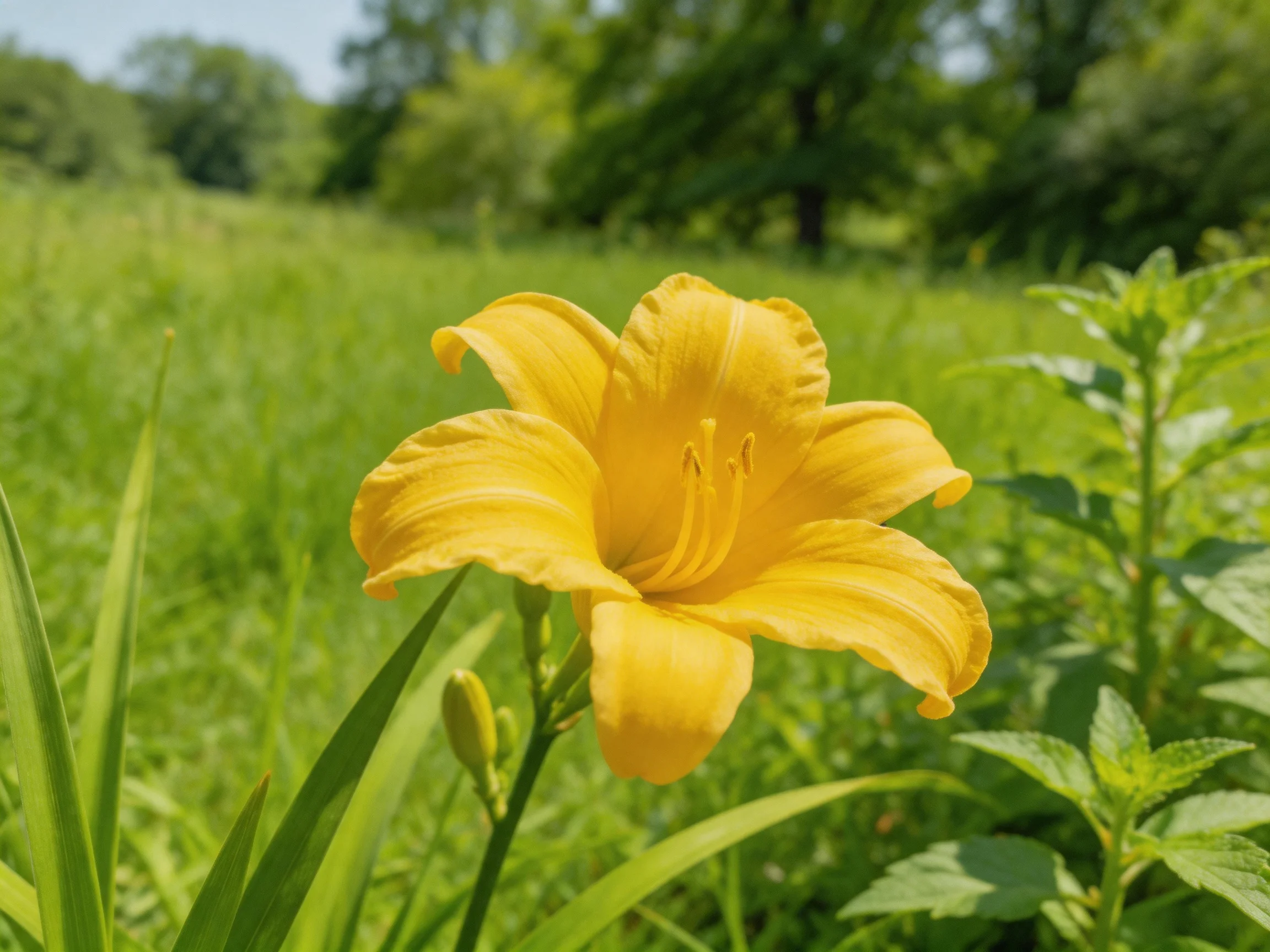A vibrant yellow daylily blooms in a lush green meadow