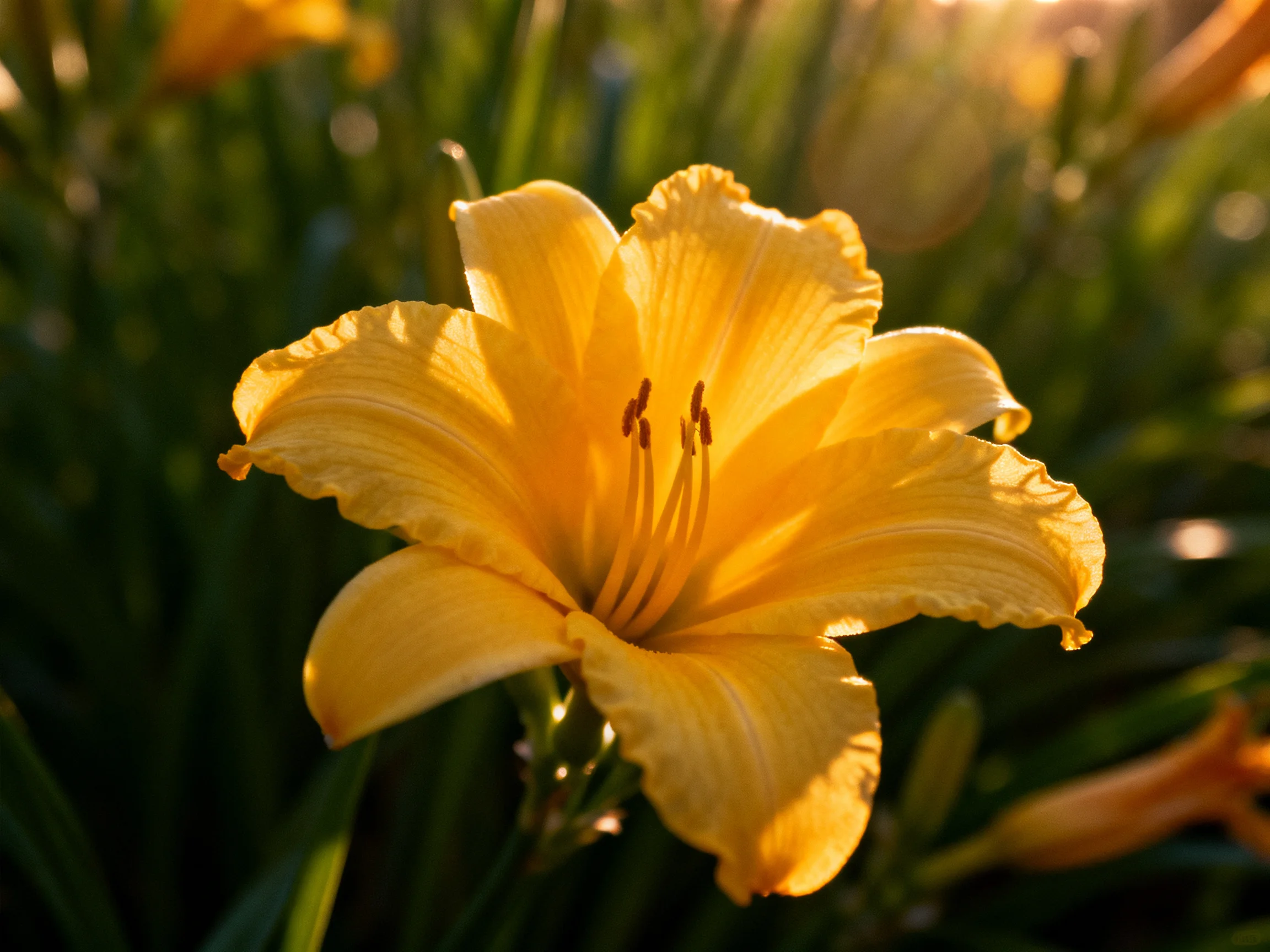 A single bright yellow daylily is highlighted by golden light with dark green foliage in the background.