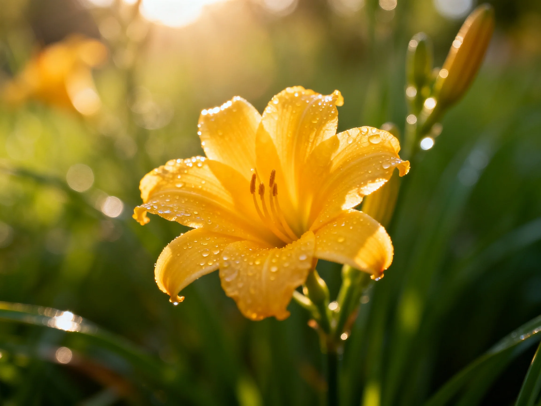 A vibrant yellow daylily with dewdrops blooms amid lush greenery under golden sunlight