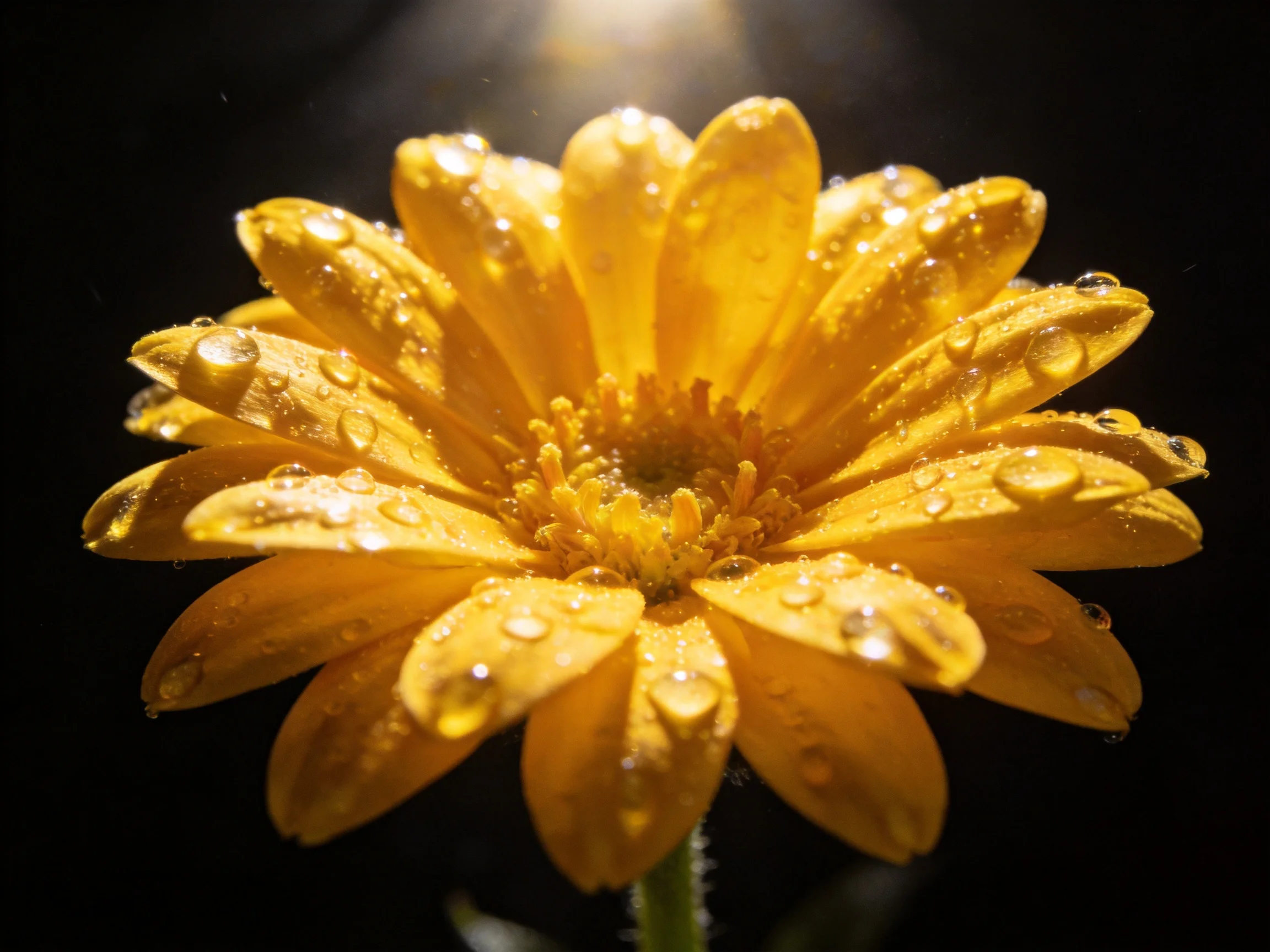 A vibrant yellow flower adorned with glistening water droplets against a dark backdrop