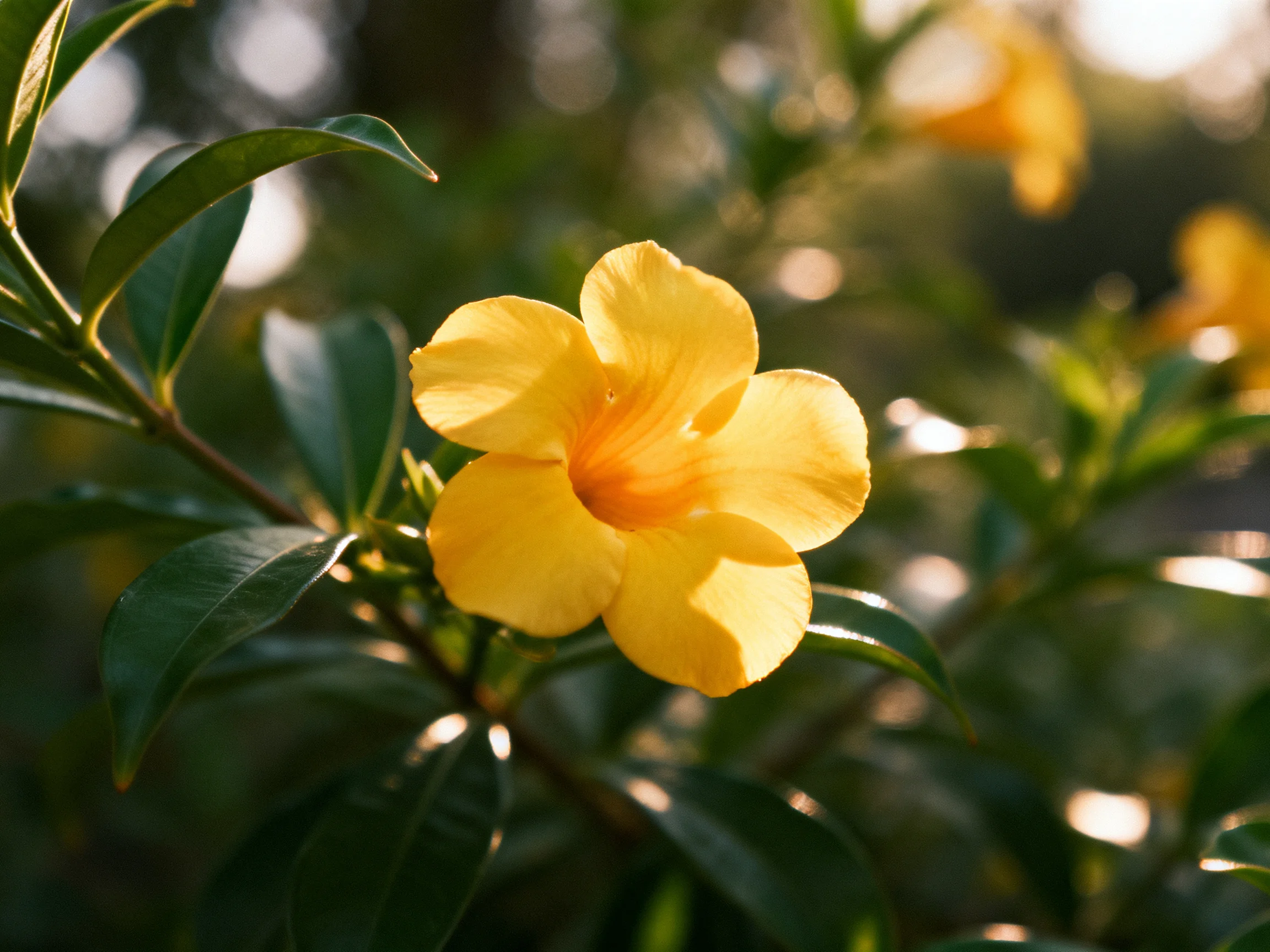 A vibrant yellow flower amid glossy green leaves in soft sunlight