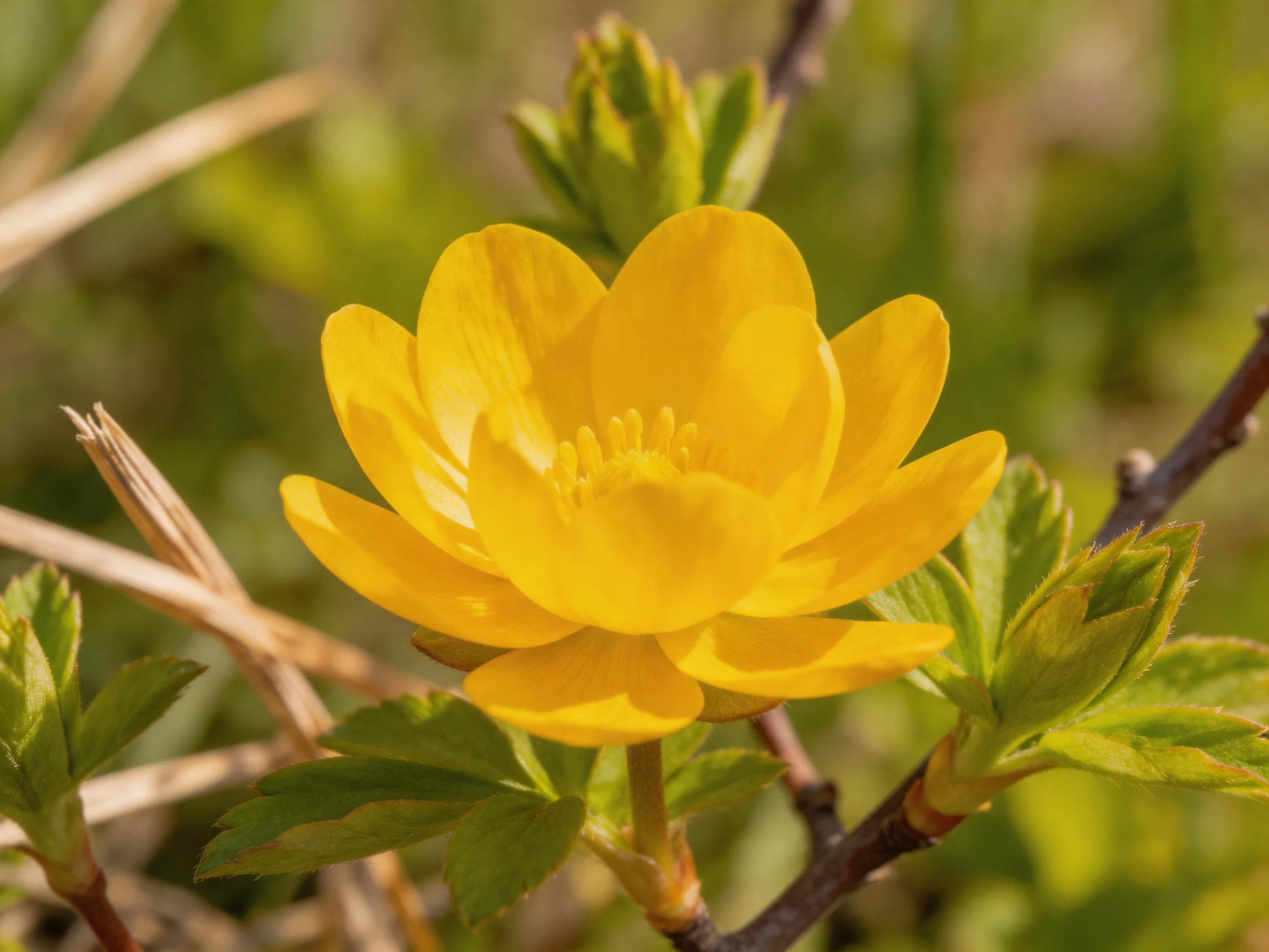 A vibrant yellow flower blooms amid green buds and brown branches
