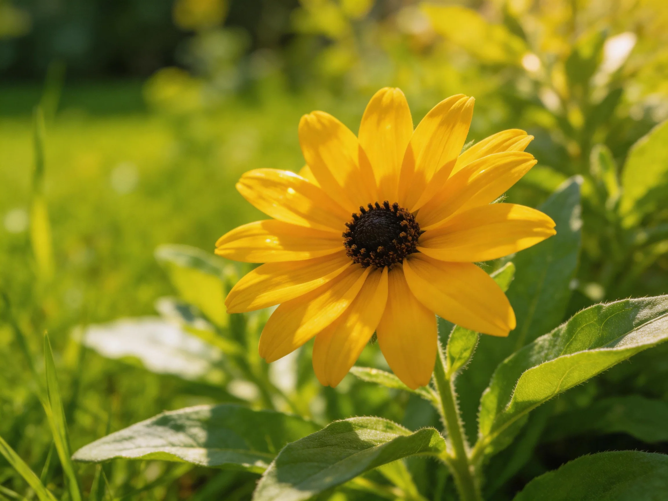 A vibrant yellow flower blooms amid lush green foliage