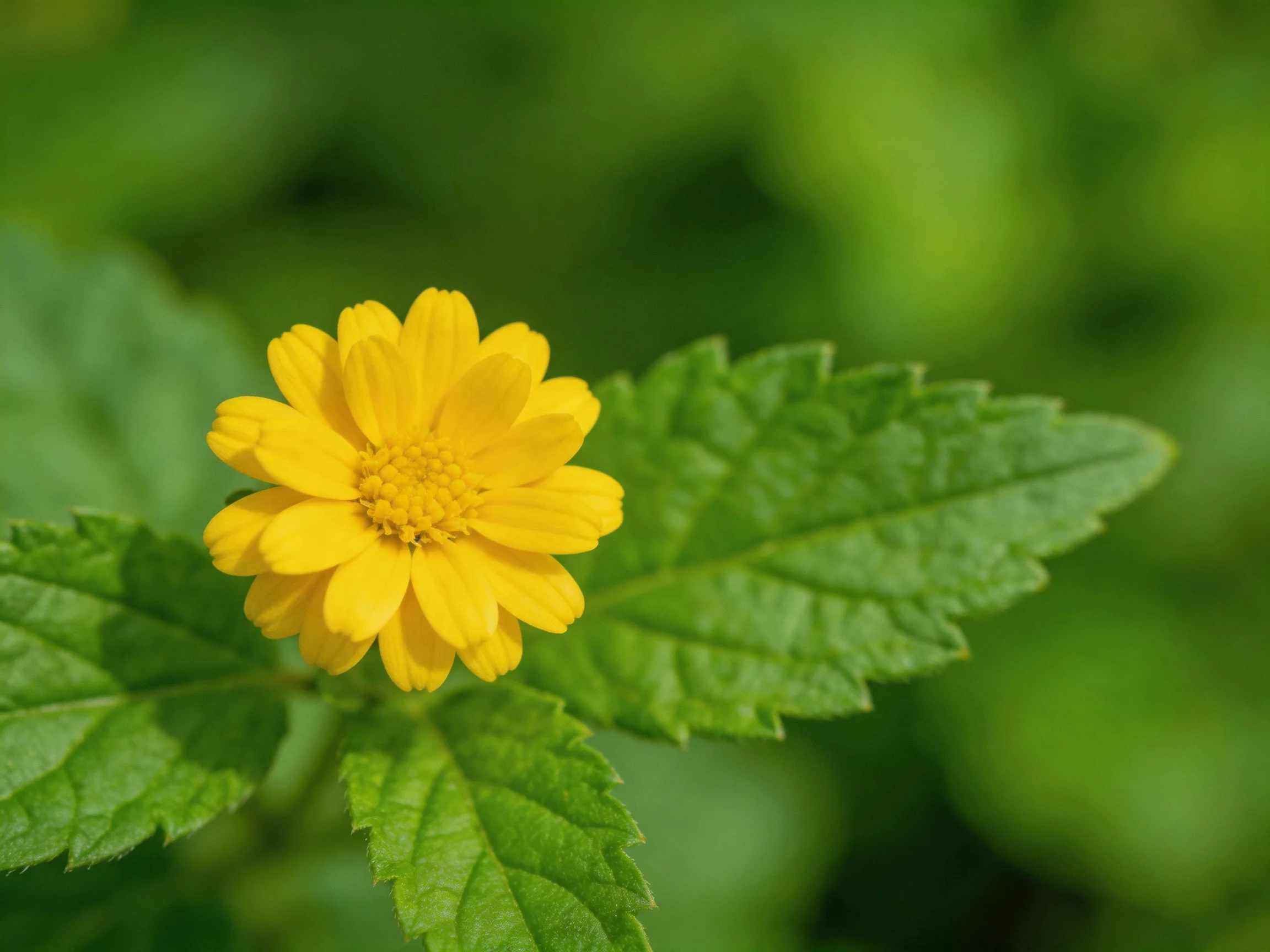 A vibrant yellow flower blooms amid lush green foliage