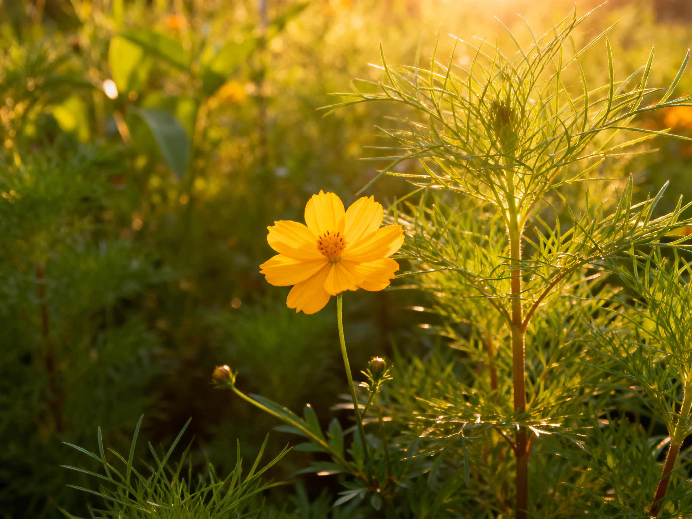 A vibrant yellow flower blooms amid lush green foliage under golden sunlight