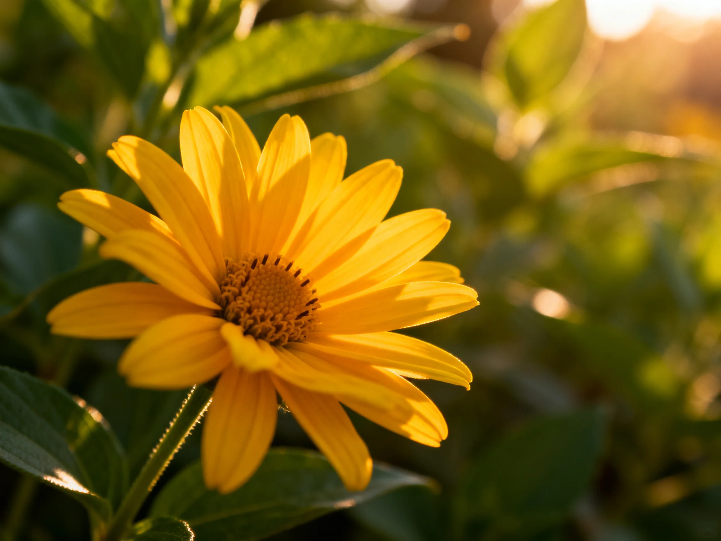 A vibrant yellow flower blooms among green leaves under golden sunlight