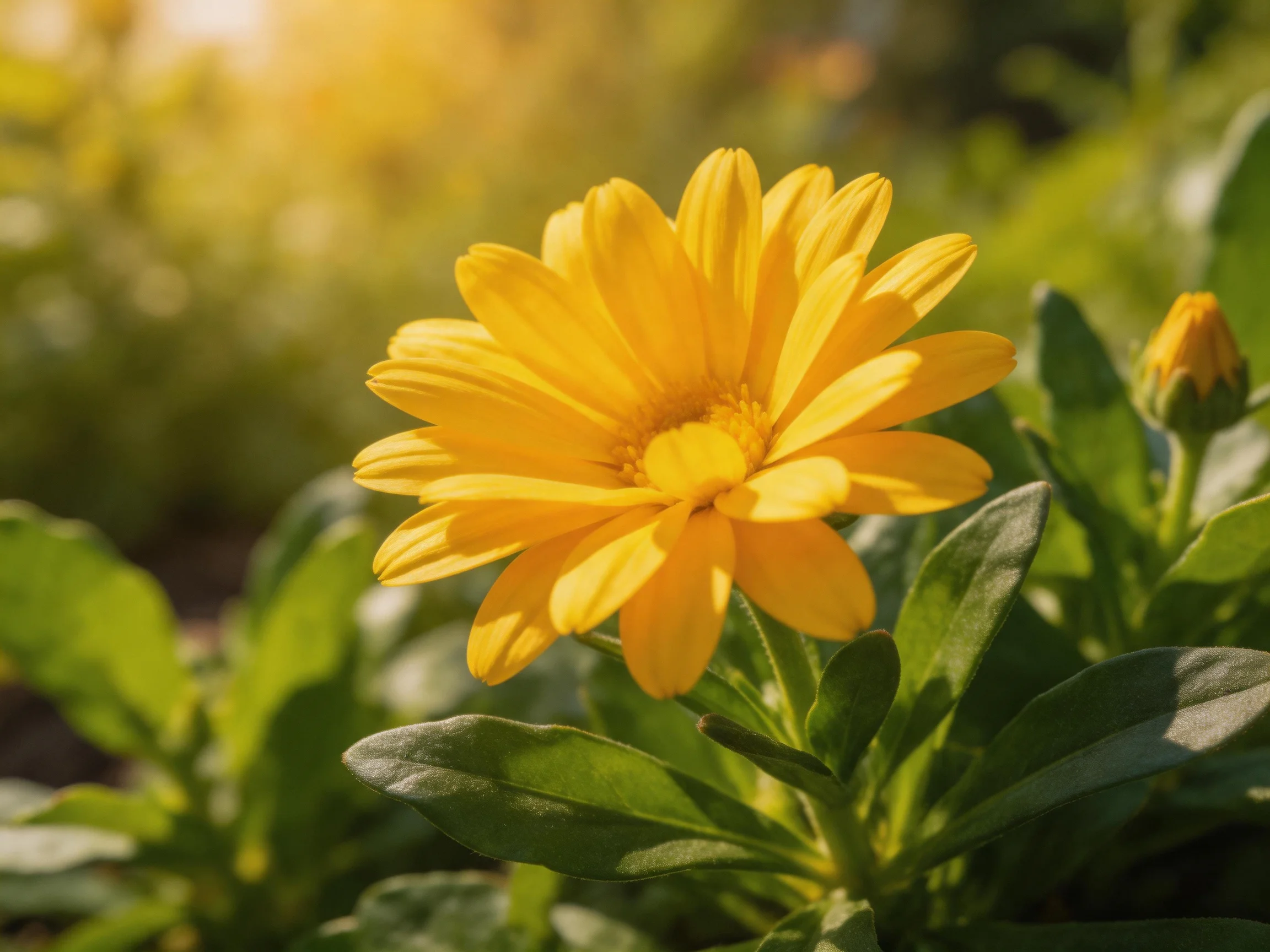 A vibrant yellow flower blooms among lush green foliage under warm sunlight