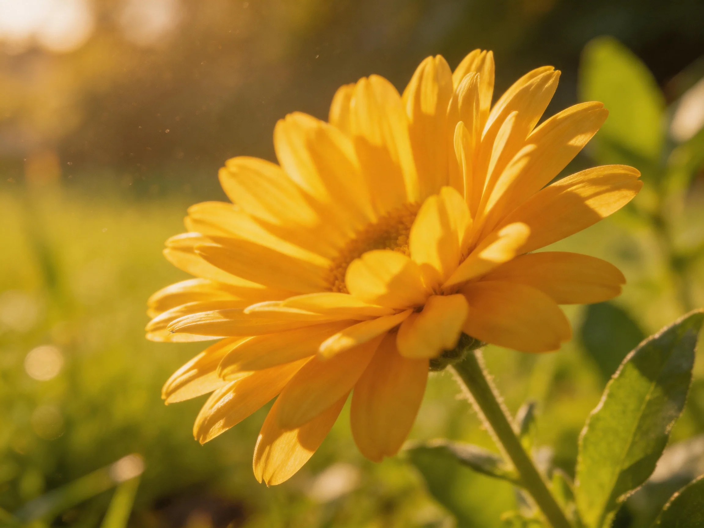 A single yellow flower glows in a sunlit outdoor scene
