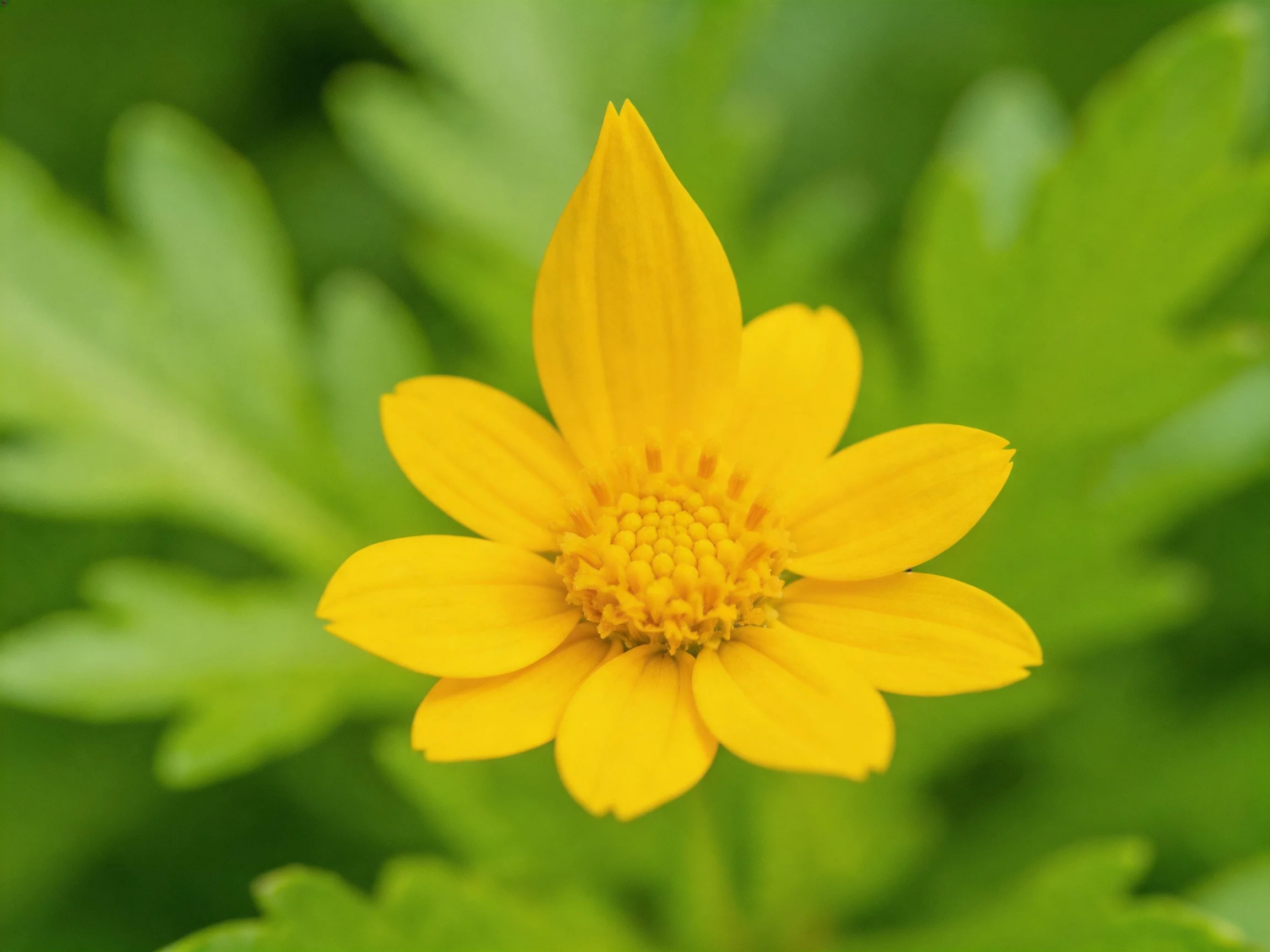 A vibrant yellow flower centered amid lush green foliage