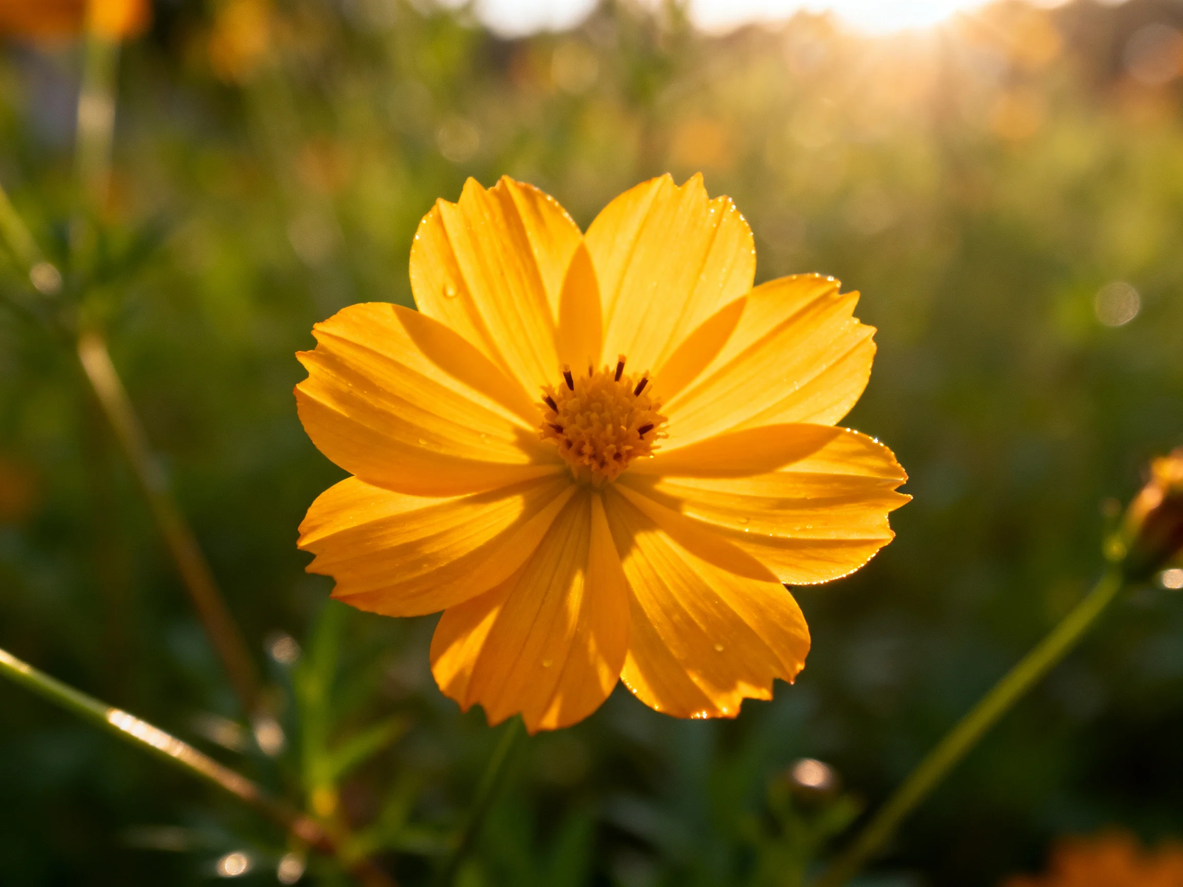 A vibrant yellow flower illuminated by warm sunlight among green foliage