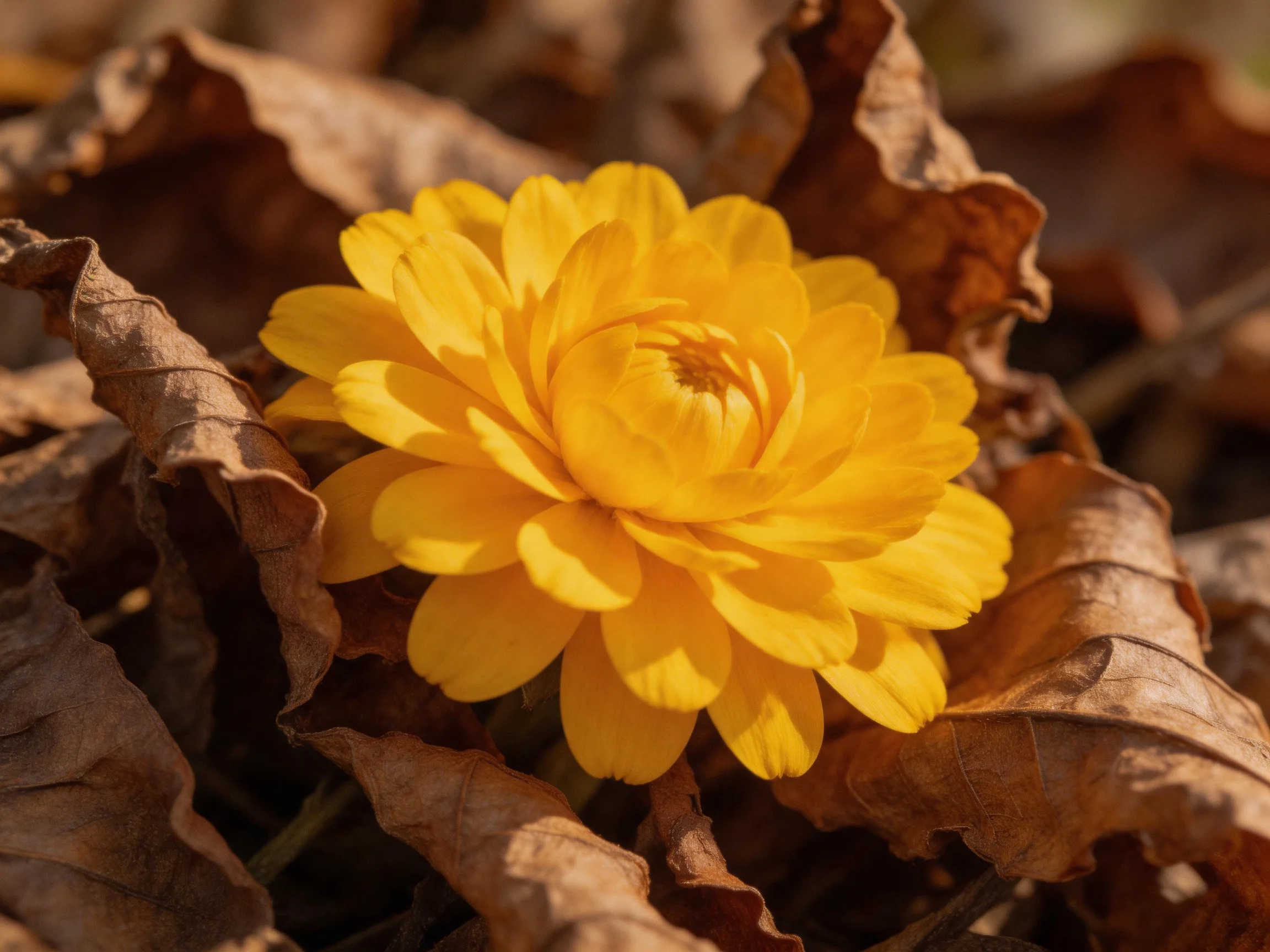 A vibrant yellow flower nestled among curled brown dried leaves