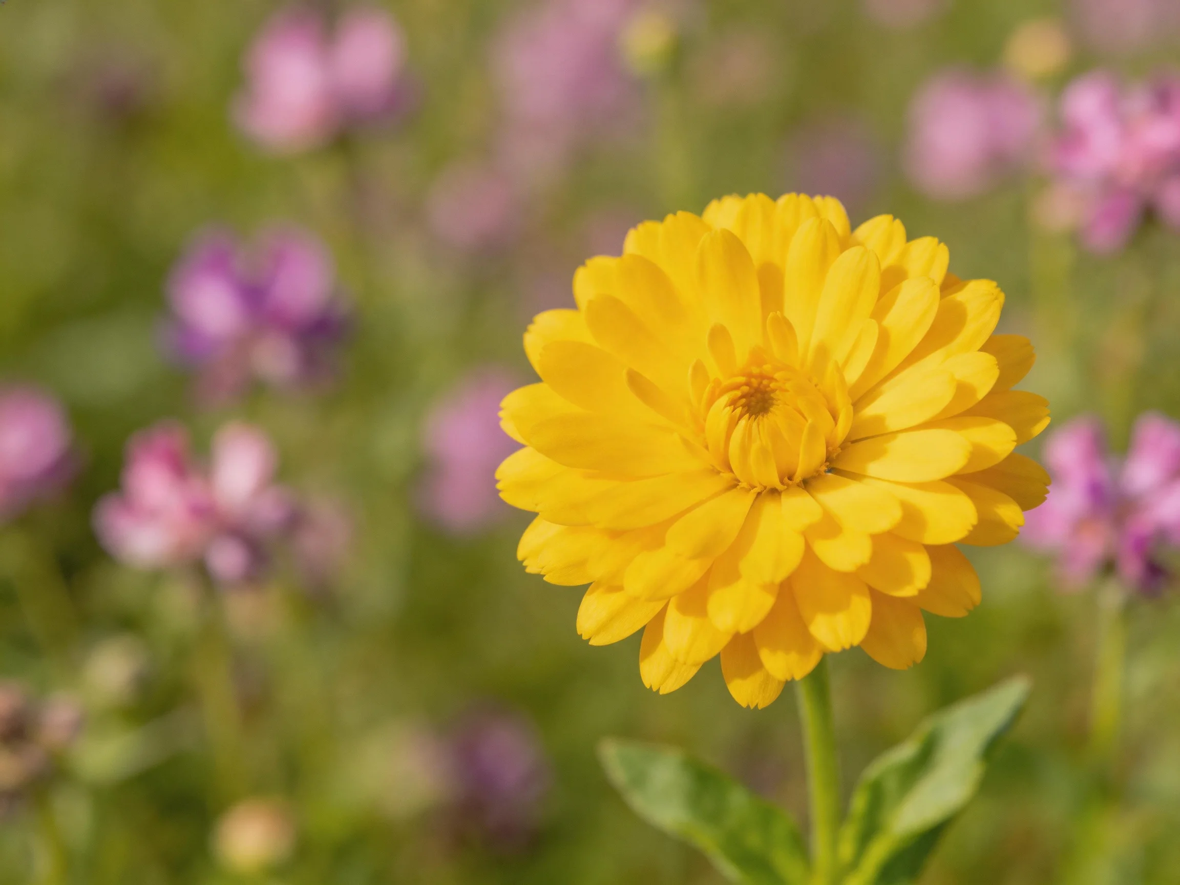 A vibrant yellow flower stands out among soft purple blooms in a sunlit field