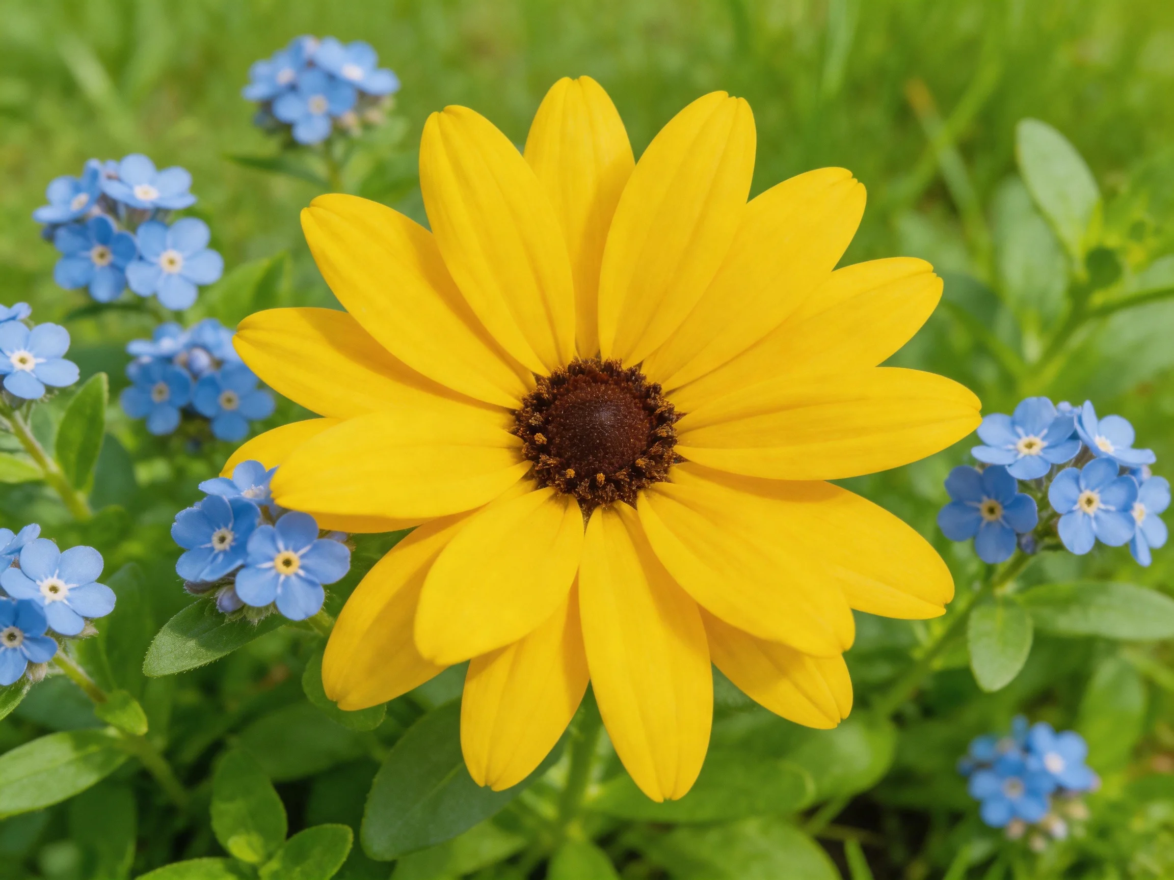 A vibrant yellow flower surrounded by small blue blooms in greenery