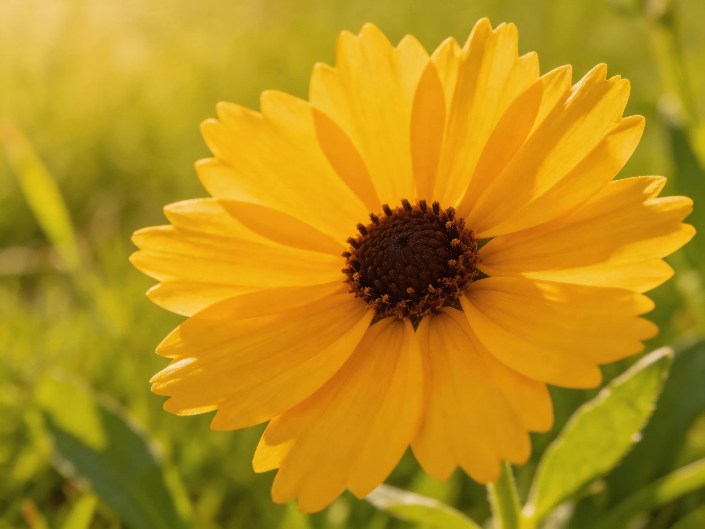 A vibrant yellow flower with a dark brown central disk in a green meadow