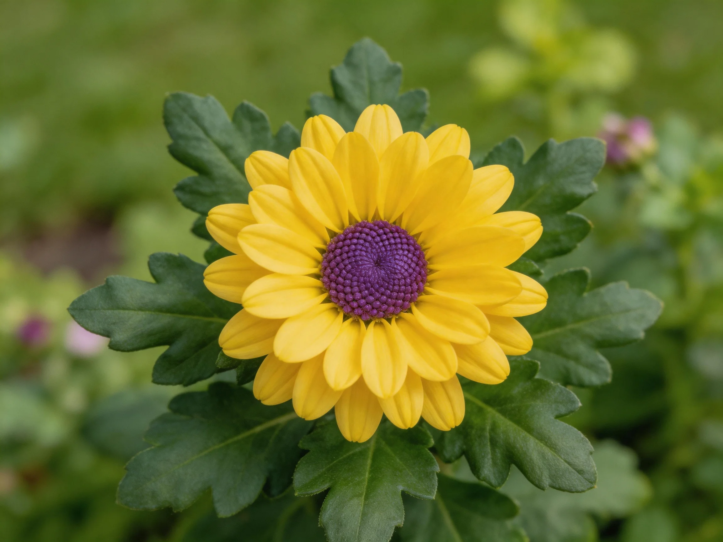 A vibrant yellow flower with a deep purple center surrounded by lush green leaves
