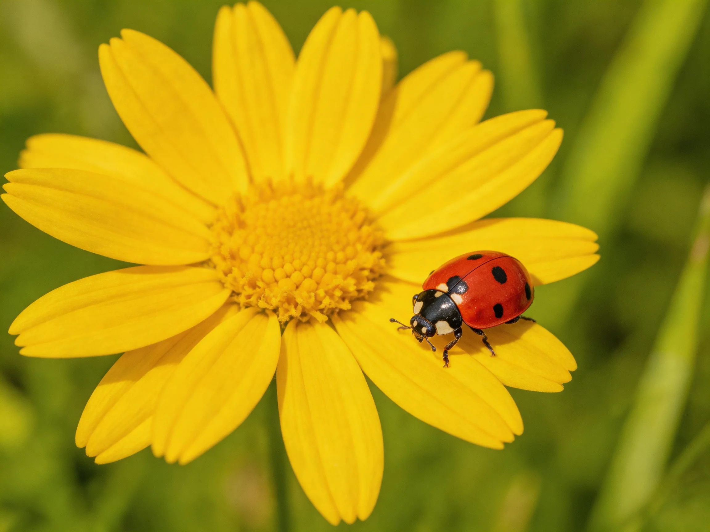 A red-spotted ladybug rests on a large yellow flower amid greenery.