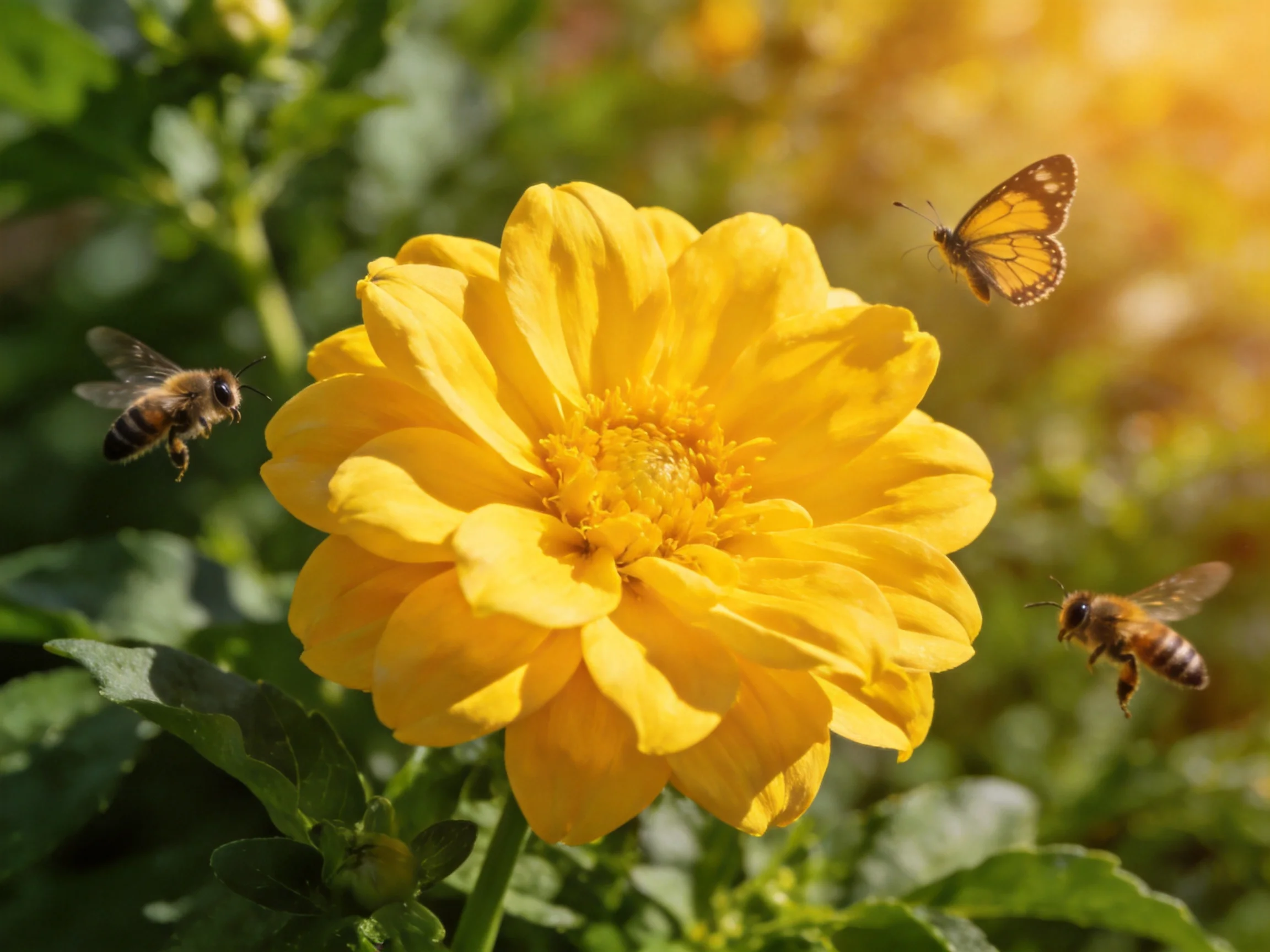 A vibrant yellow flower with bees and a butterfly