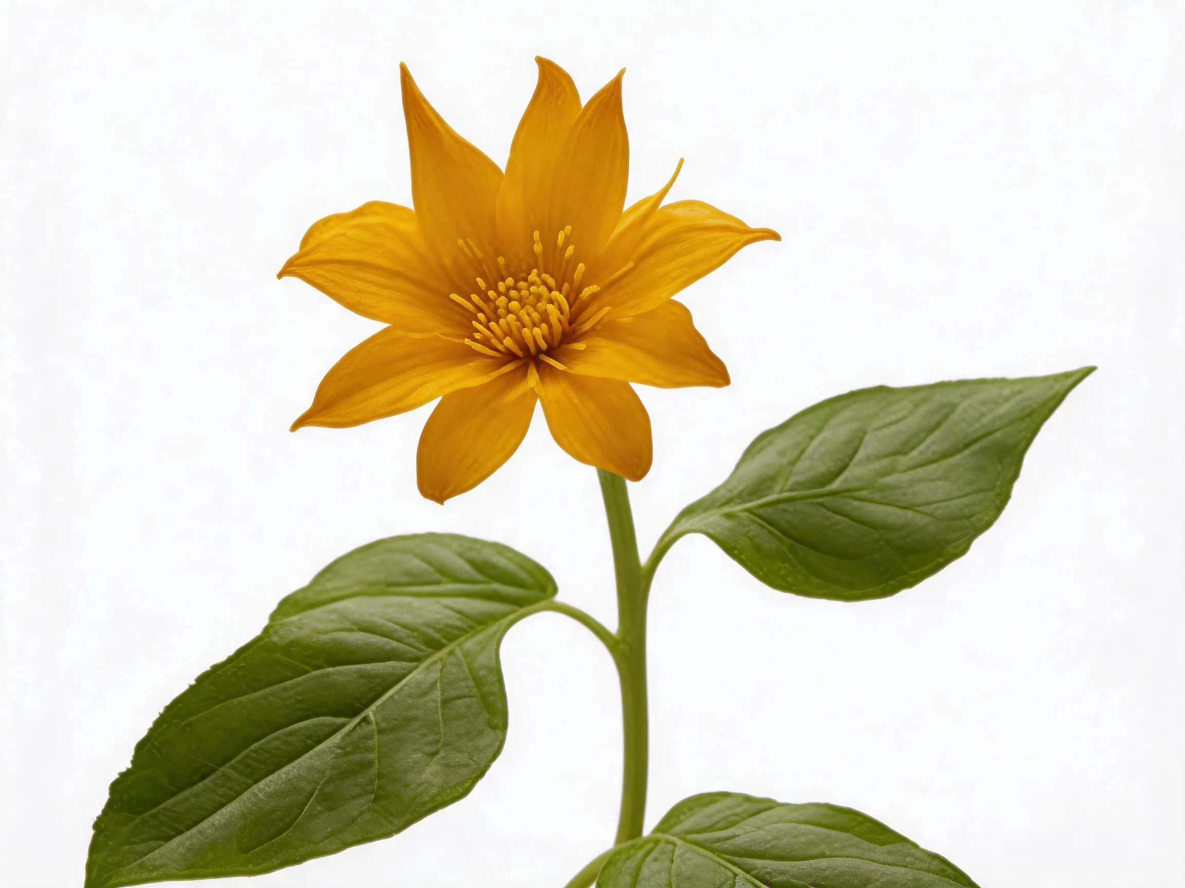 A vibrant yellow flower with broad green leaves against a white backdrop