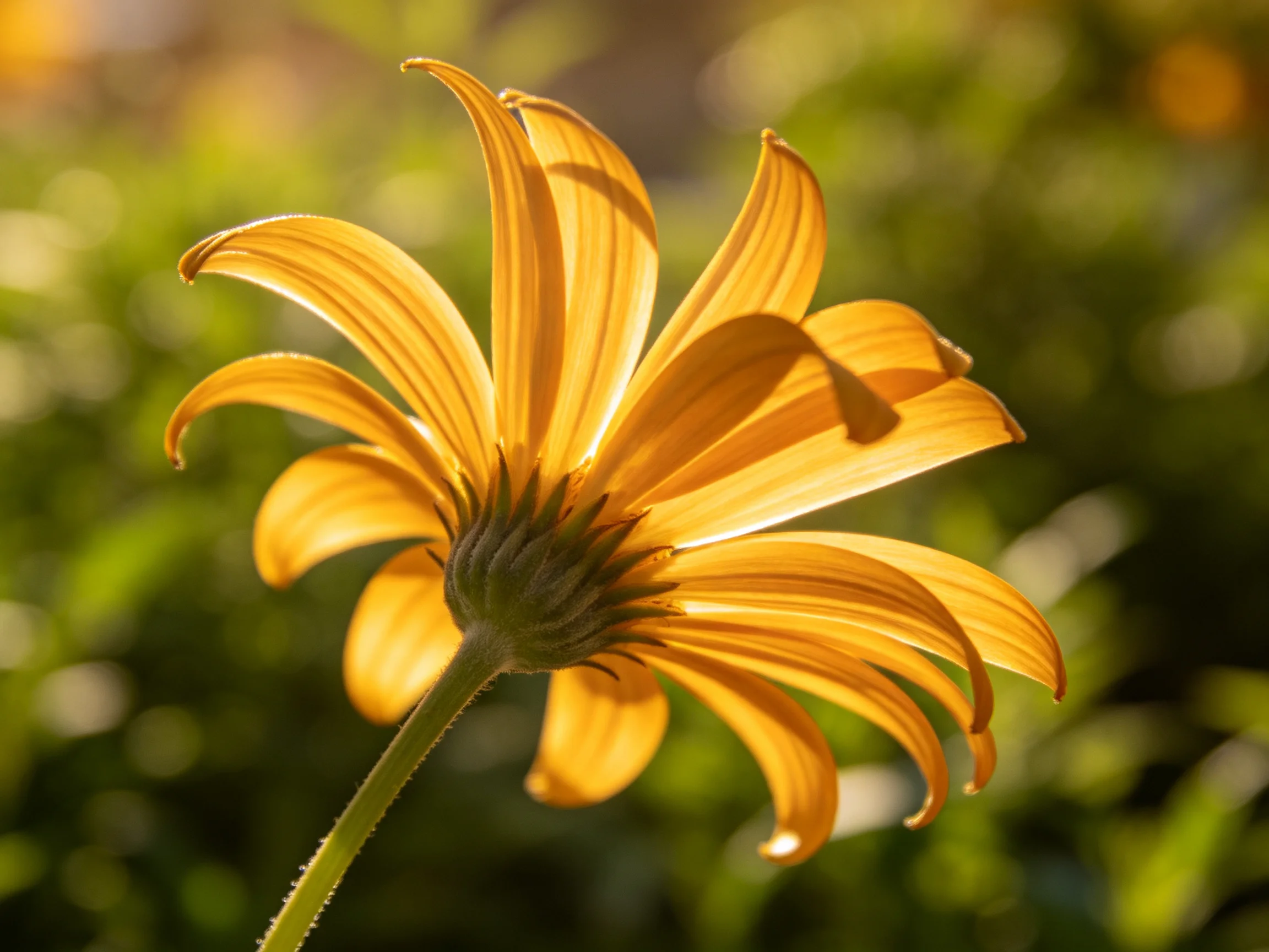 A vibrant yellow flower with curved petals against a blurred green backdrop