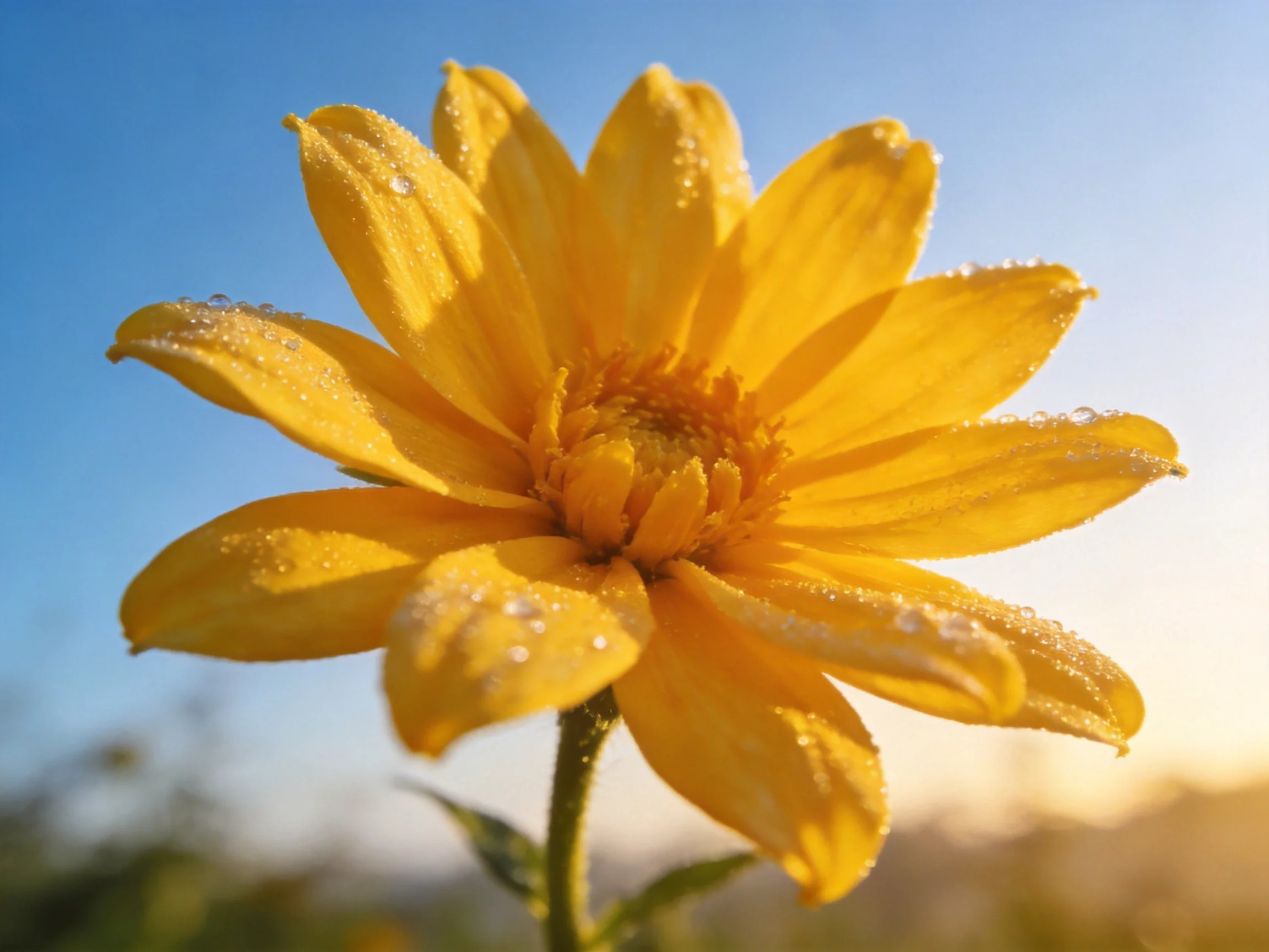 A vibrant yellow flower with dew droplets against a clear blue sky