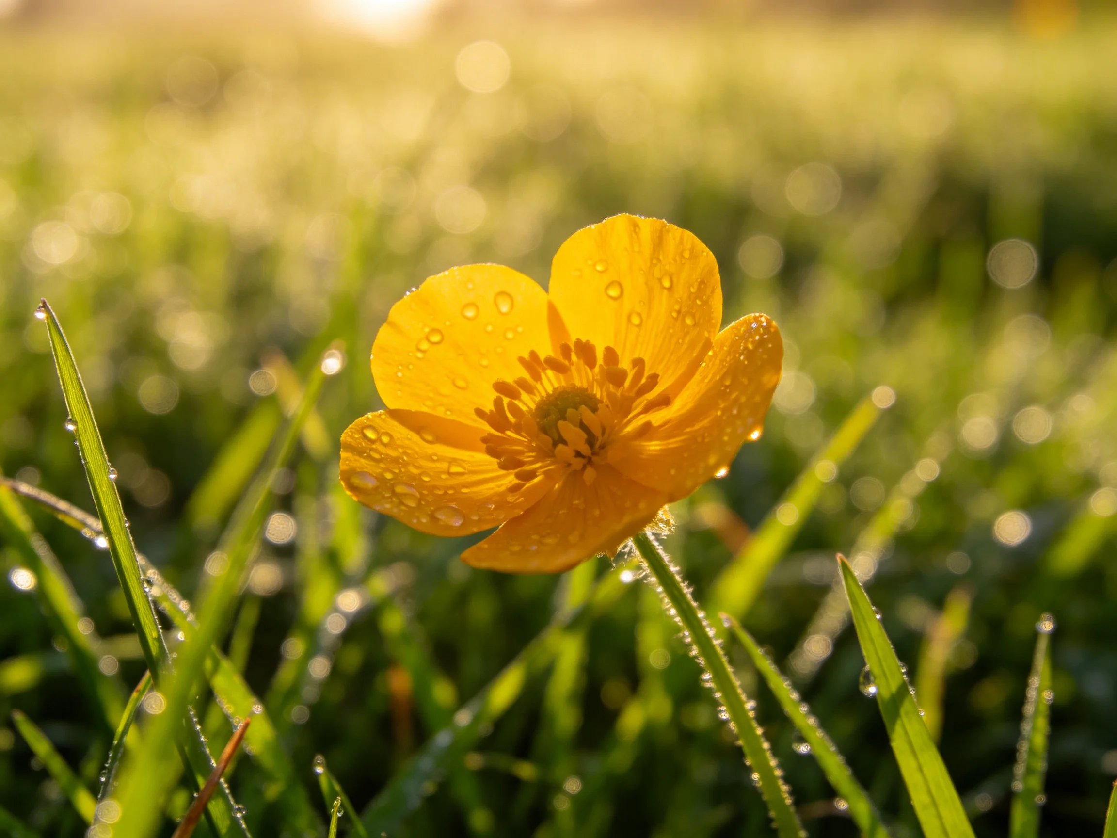 A vibrant yellow flower with dewdrops amid dewy green grass