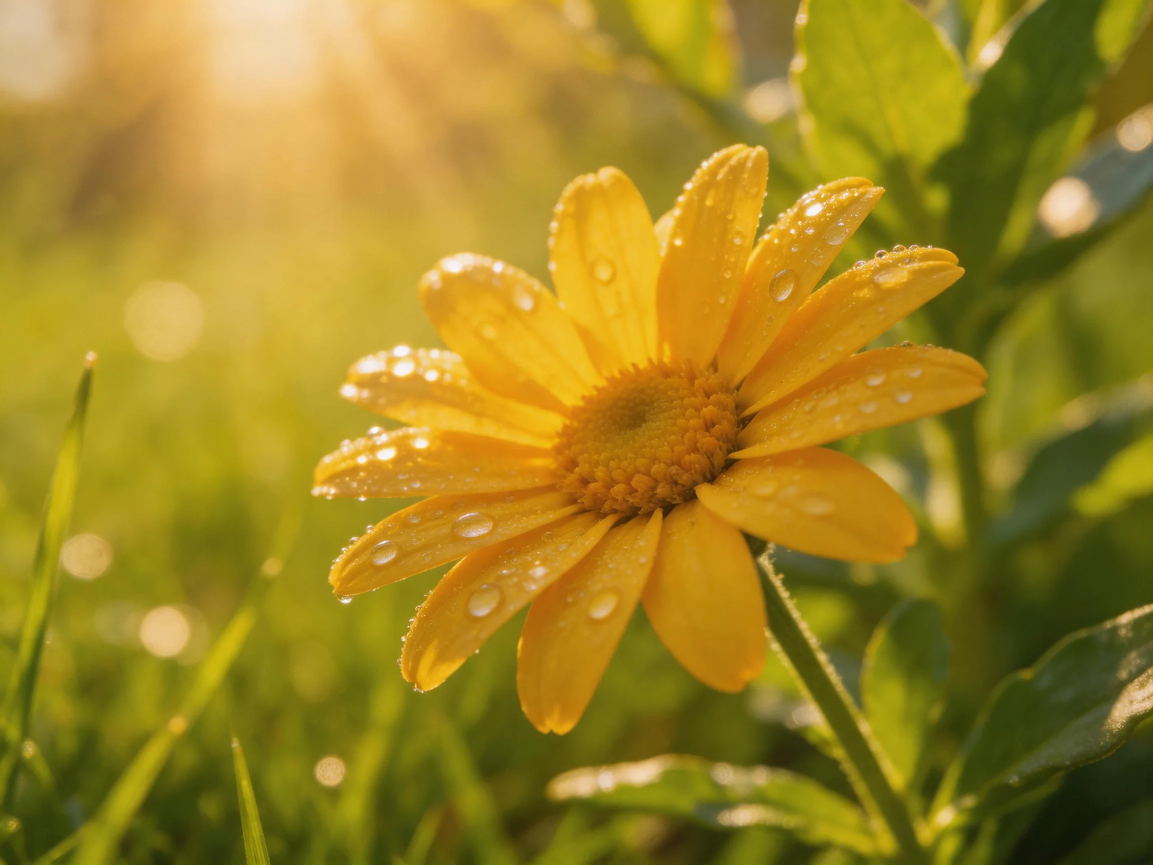 A vibrant yellow flower with dewdrops amid lush green foliage under golden sunlight