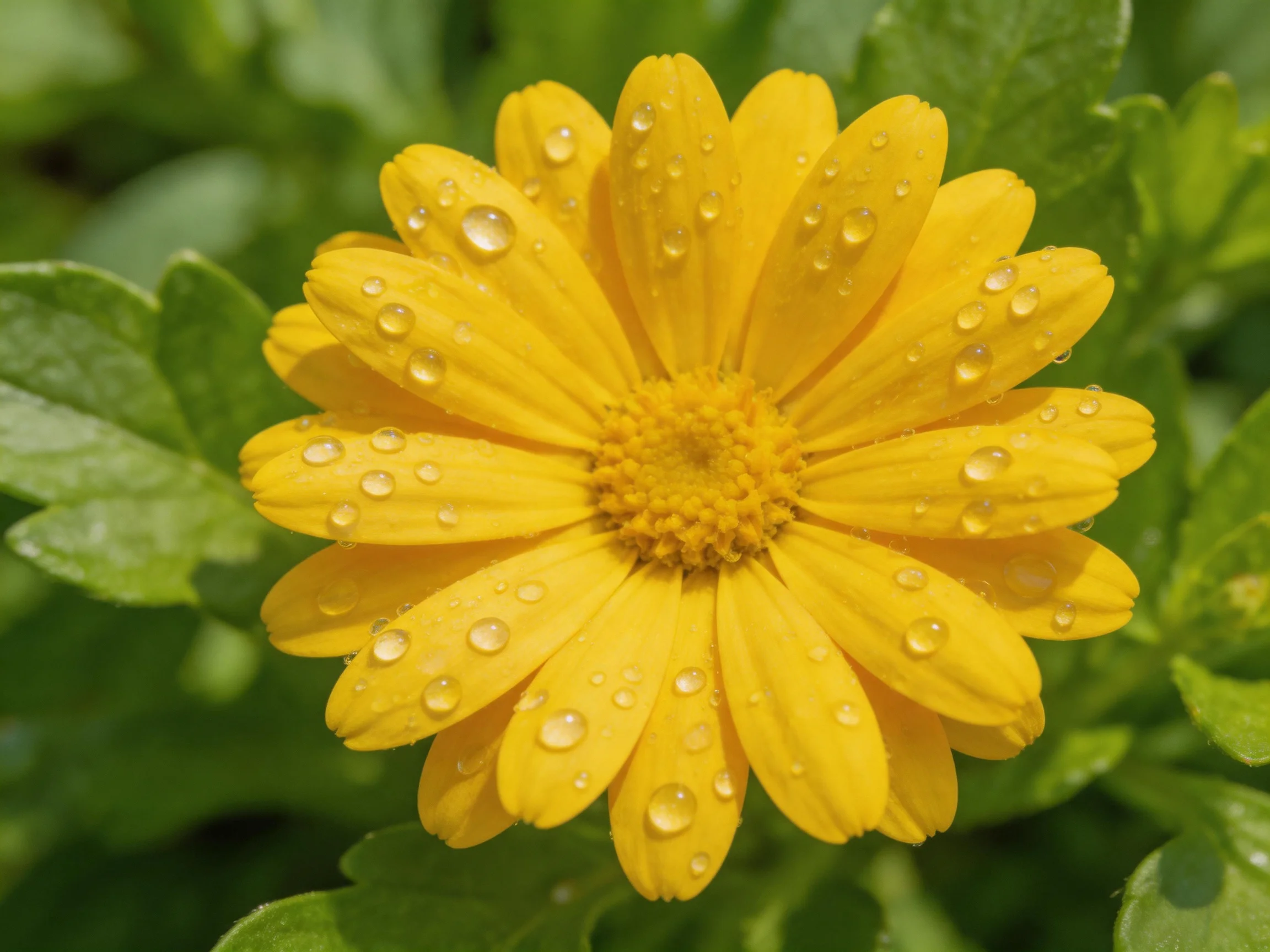 A vibrant yellow flower with glistening dewdrops amid lush green foliage