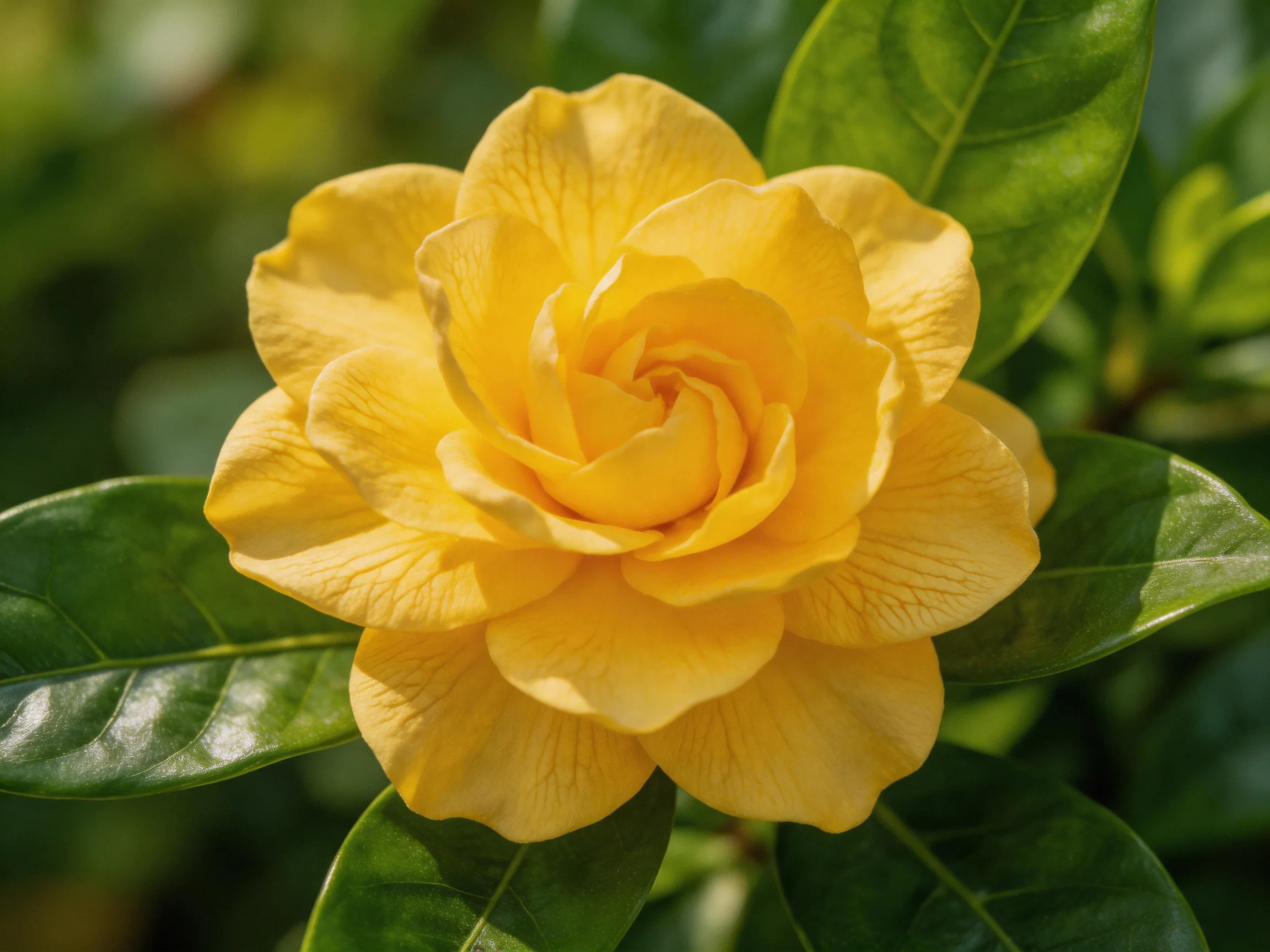 A vibrant yellow flower with glossy green leaves