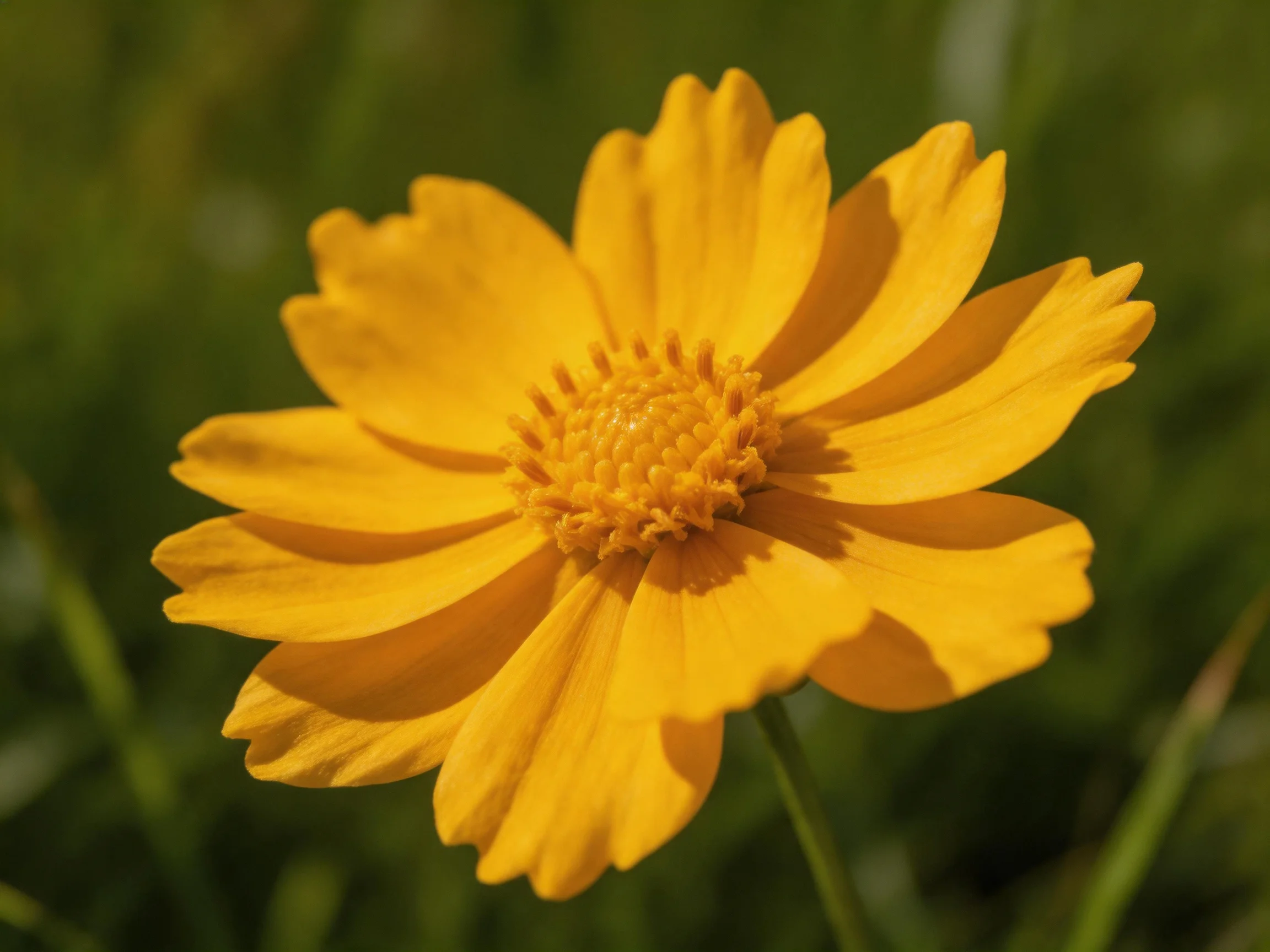 A vibrant yellow flower with layered petals against a blurred green backdrop
