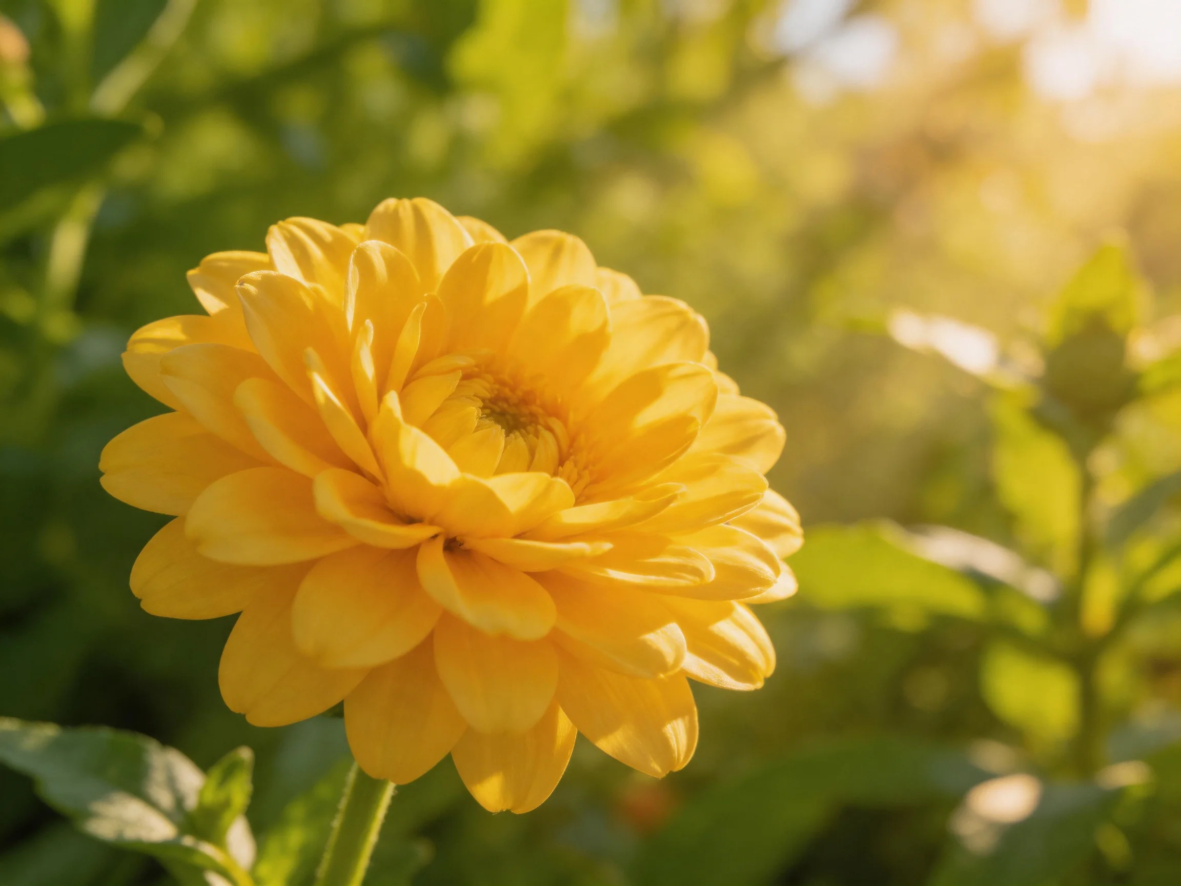 A vibrant yellow flower with layered petals in a sunlit garden