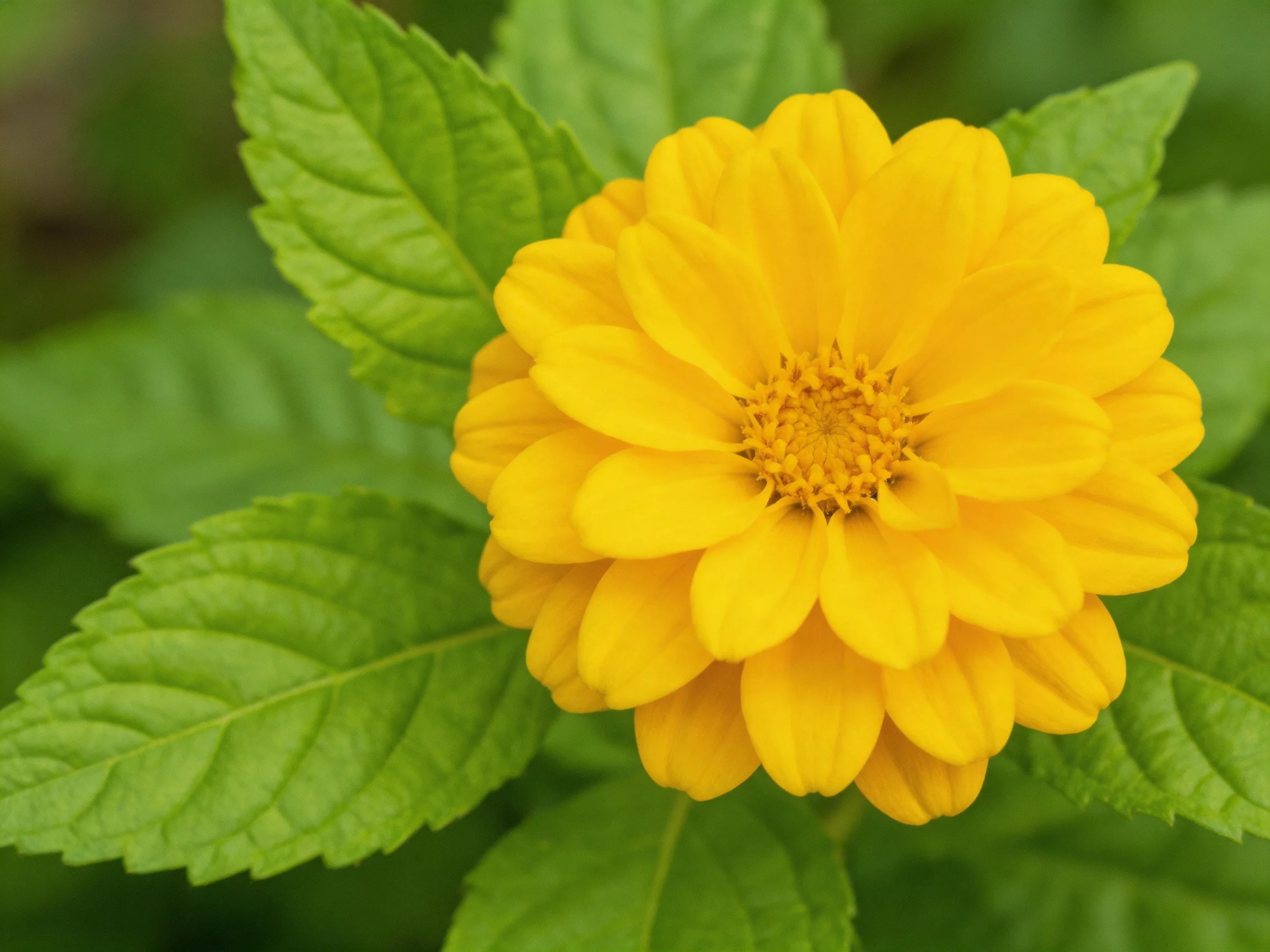 A vibrant yellow flower with lush green foliage