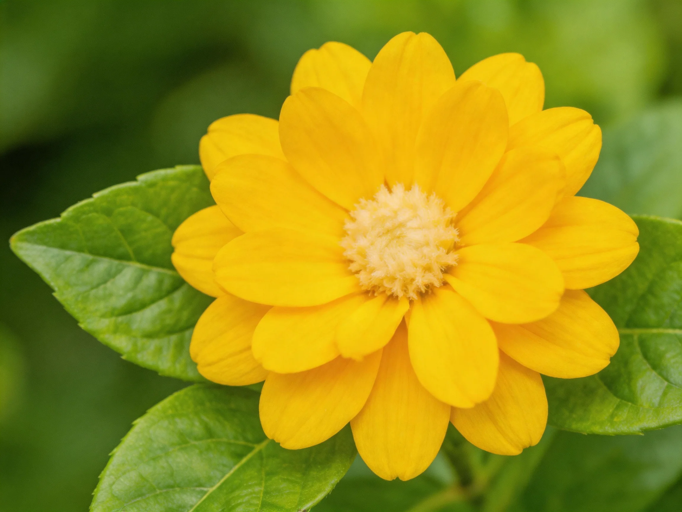 A vibrant yellow flower with lush green foliage in soft focus