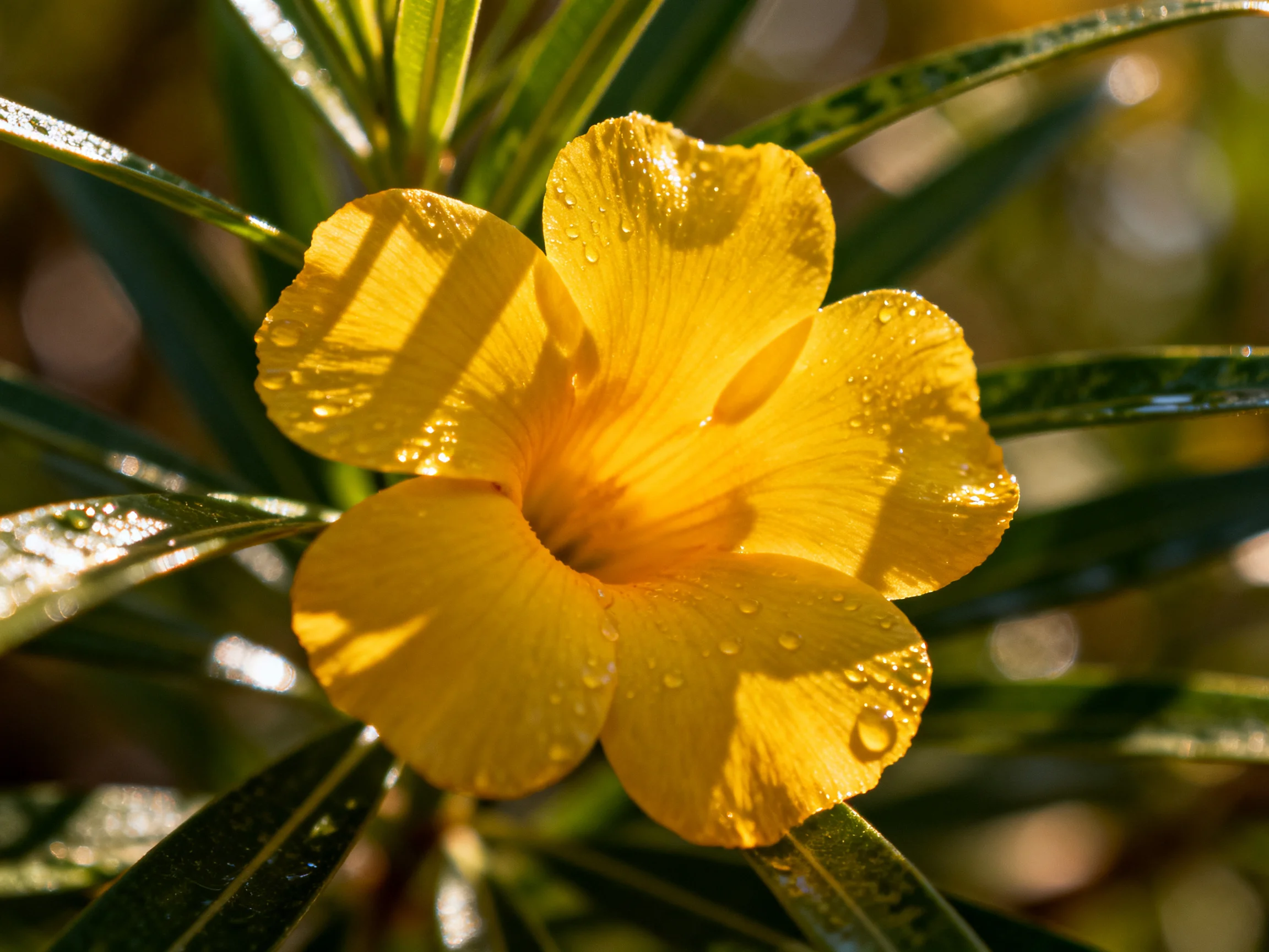 A vibrant yellow flower with water droplets amid glossy green foliage