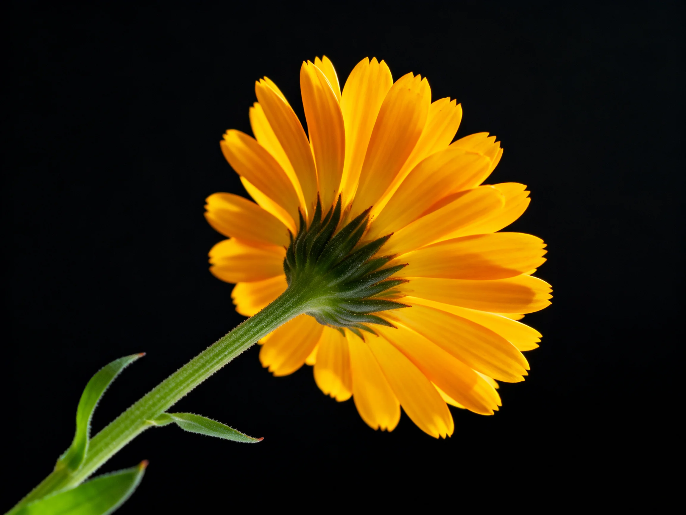 A vibrant yellow marigold flower with green stem against a black backdrop