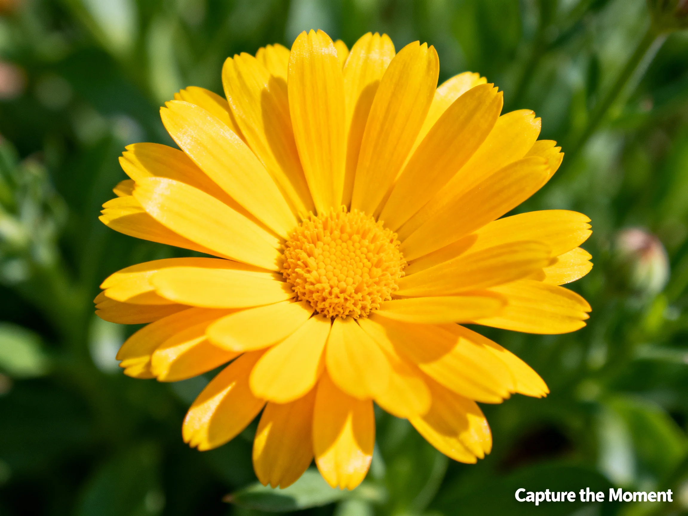 A vibrant yellow marigold flower with layered petals