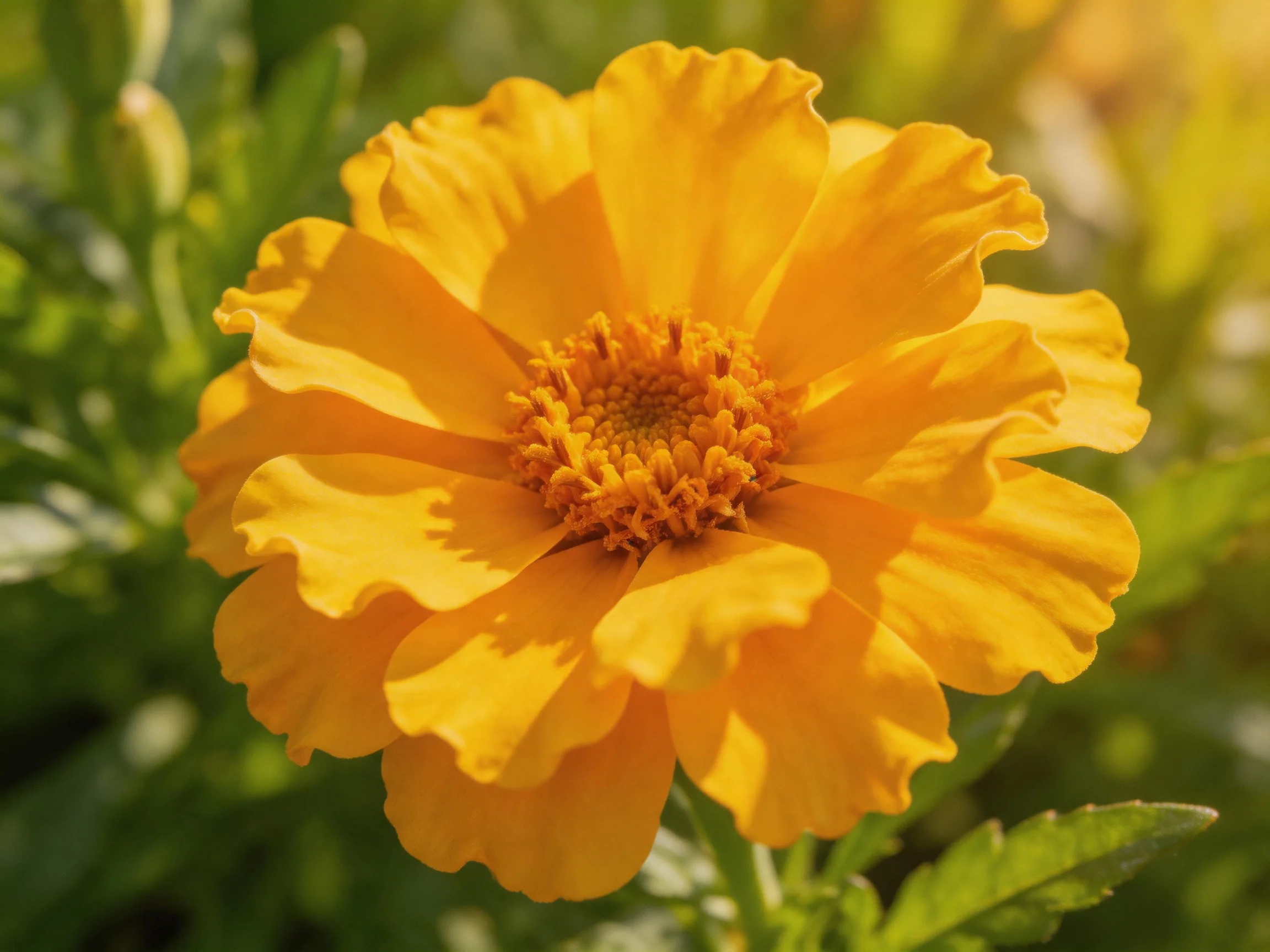 A vibrant yellow marigold flower with ruffled petals