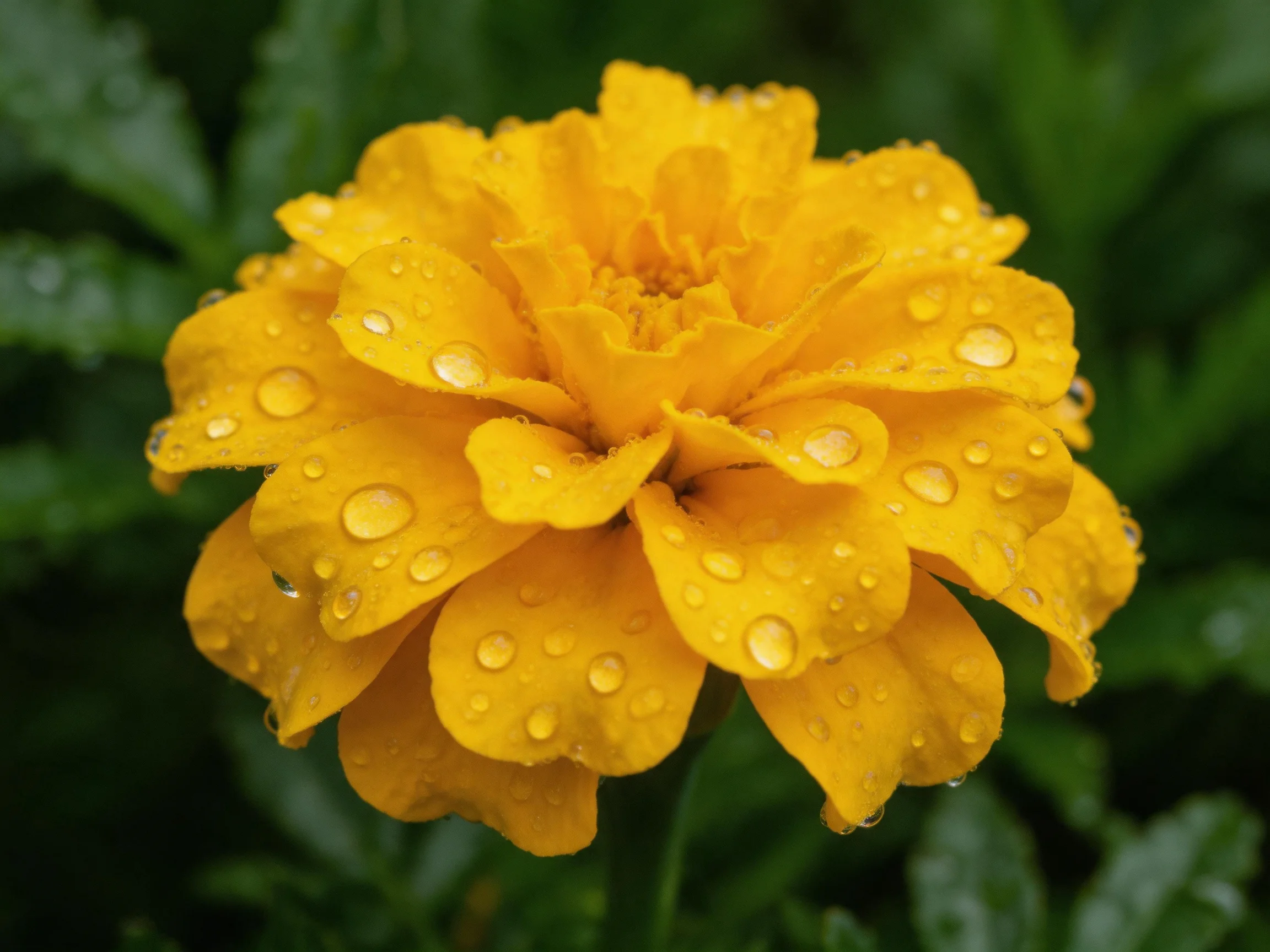 A vibrant yellow marigold with glistening dew drops