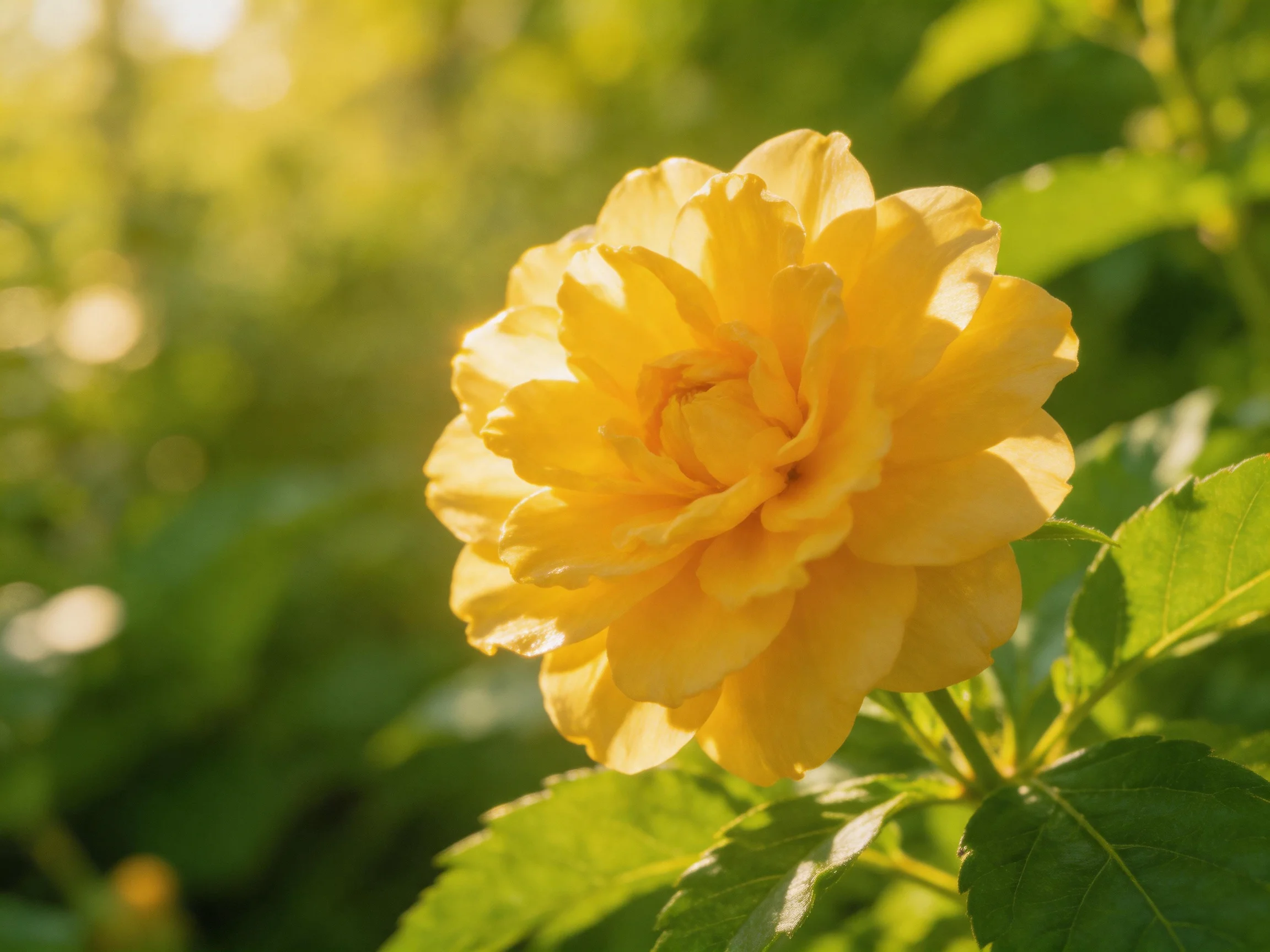 A vibrant yellow rose blooms amid lush green foliage under warm sunlight