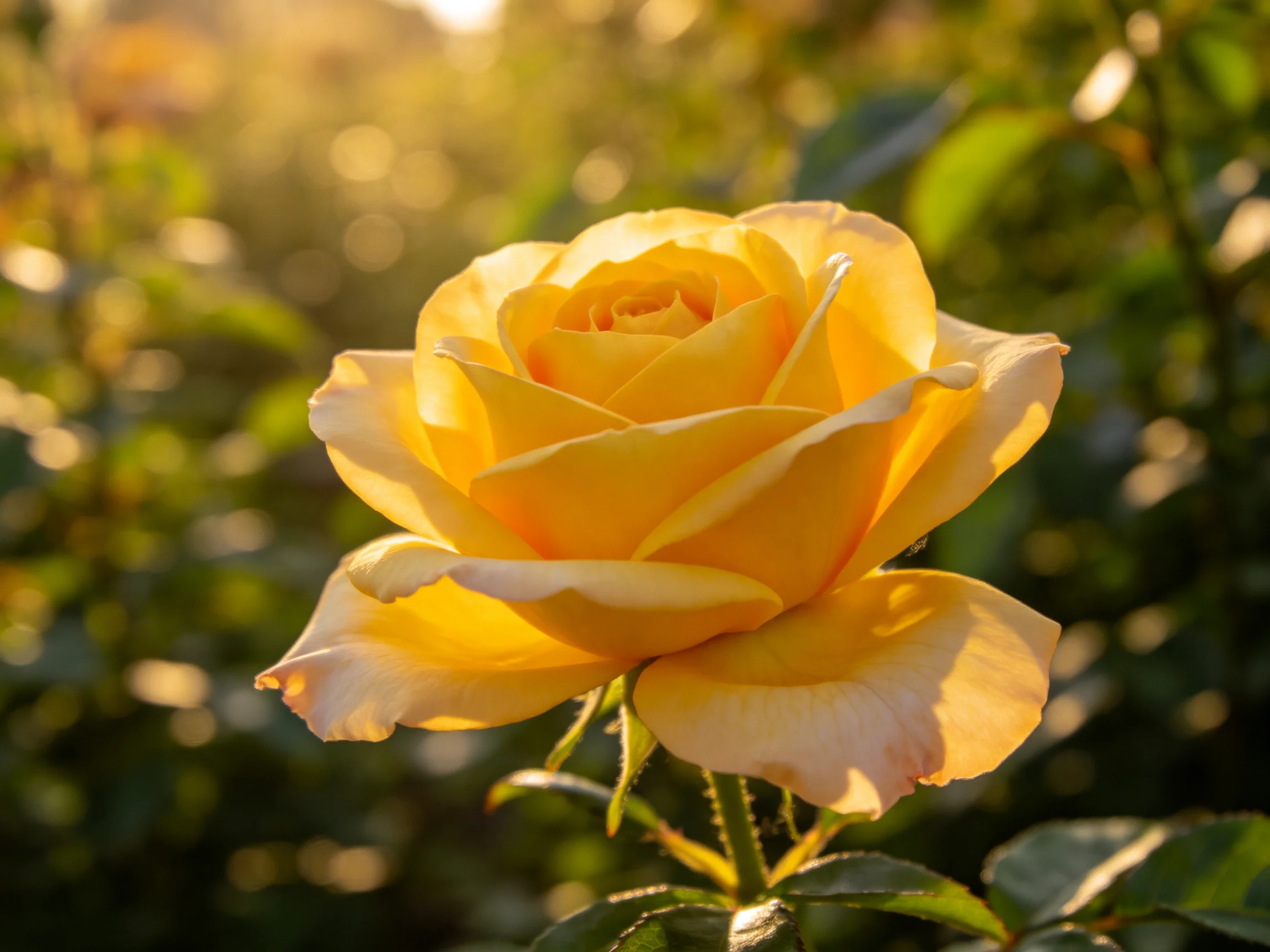 A vibrant yellow rose blooms in soft golden sunlight