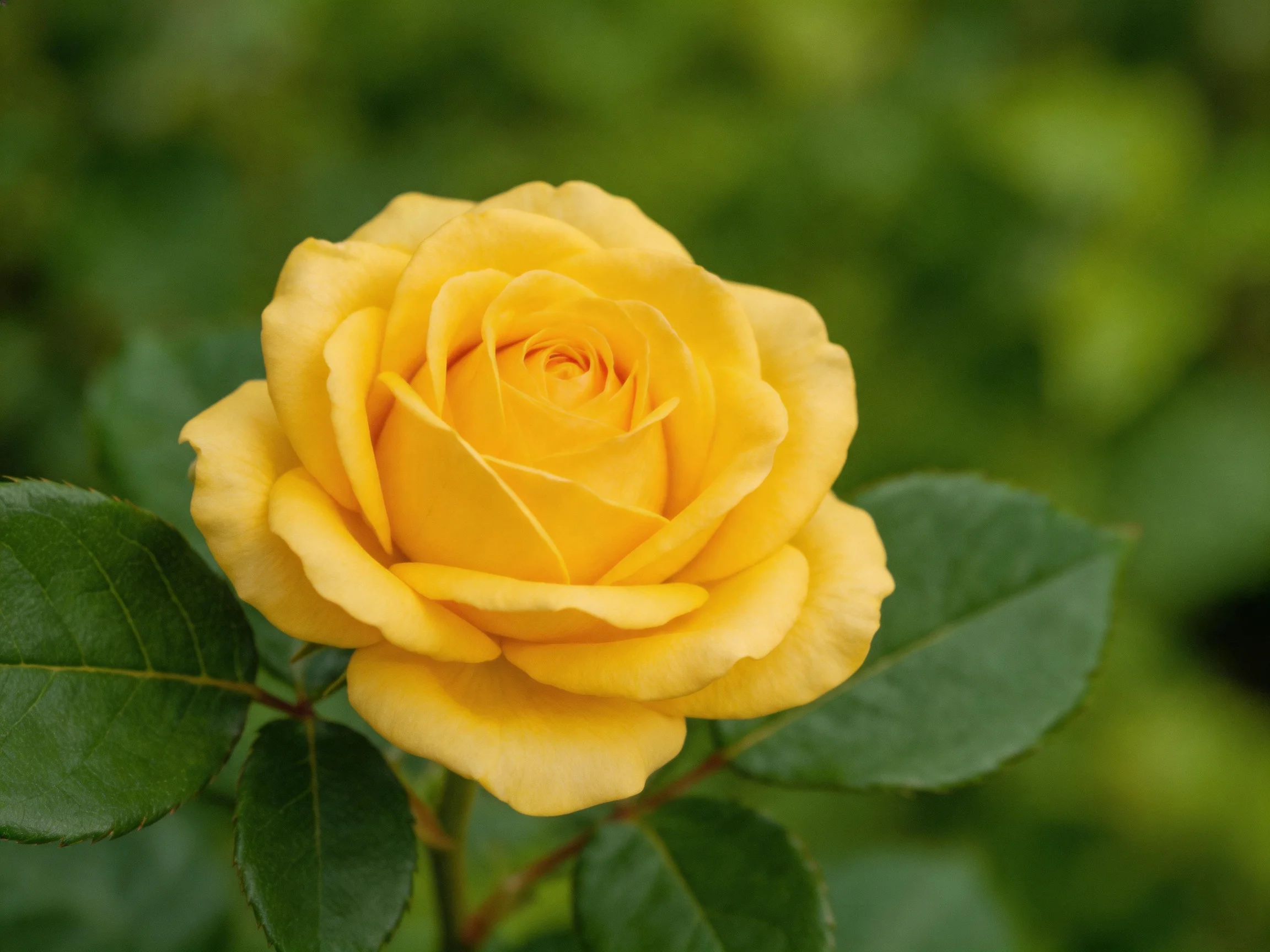 A vibrant yellow rose in full bloom with lush green foliage