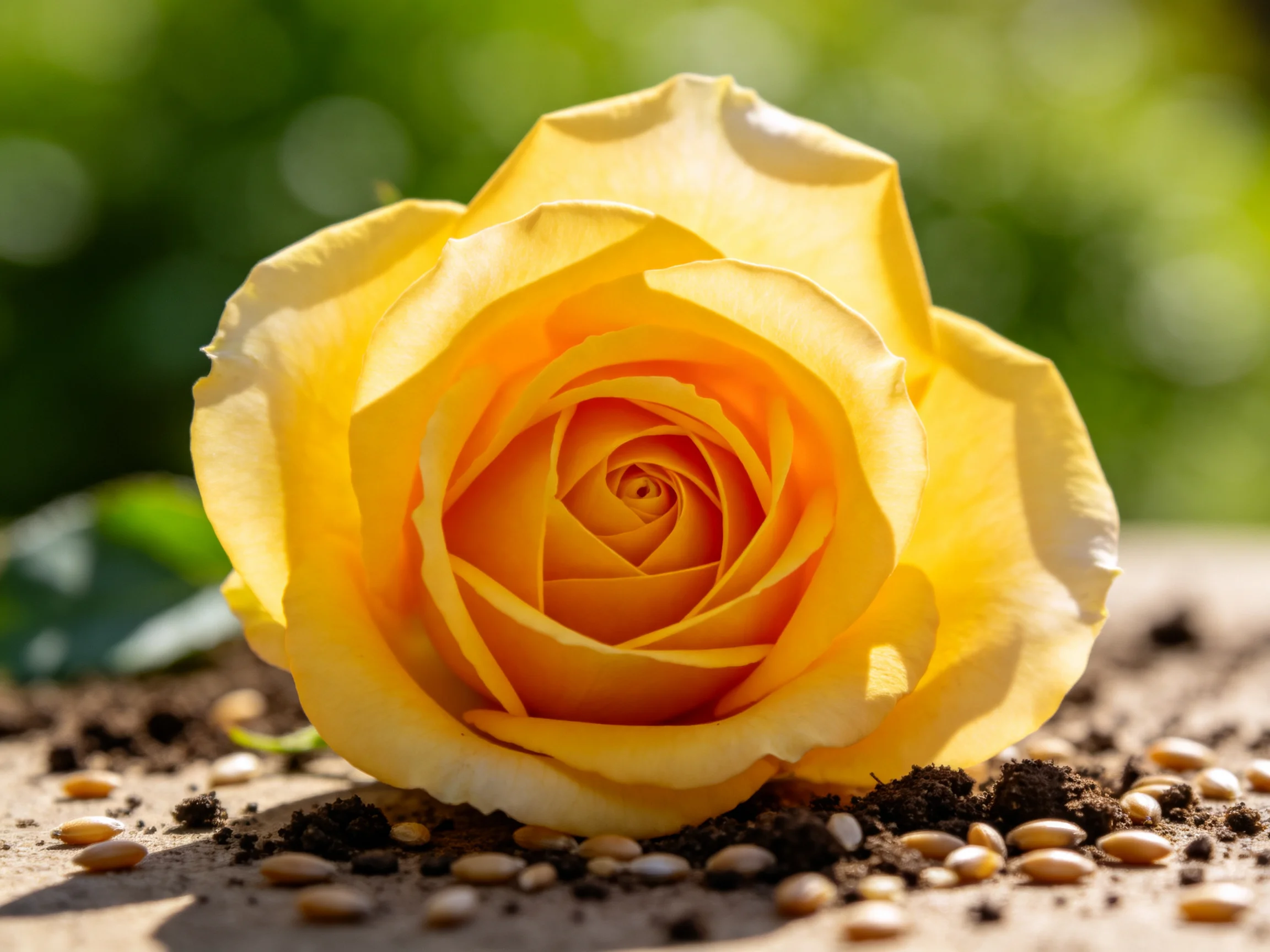 A vibrant yellow rose rests among soil and scattered seeds