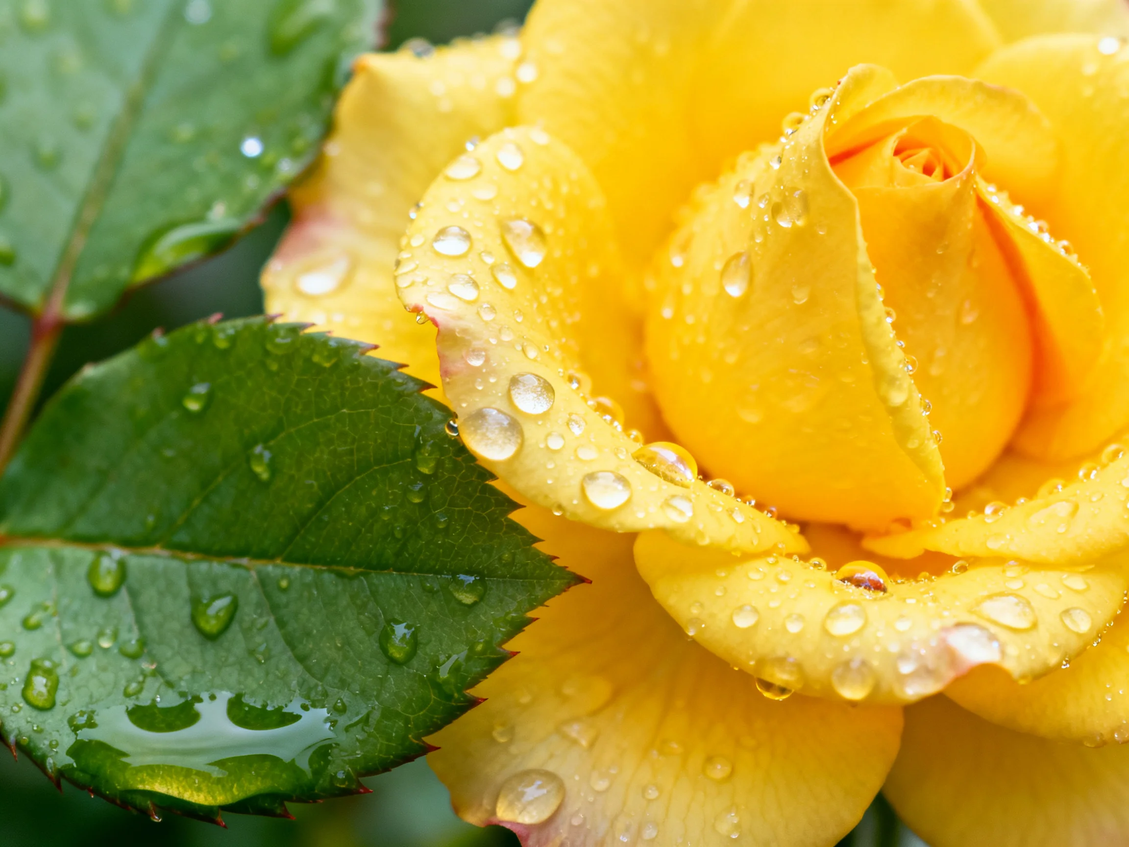A vibrant yellow rose with glistening dewdrops and green leaves