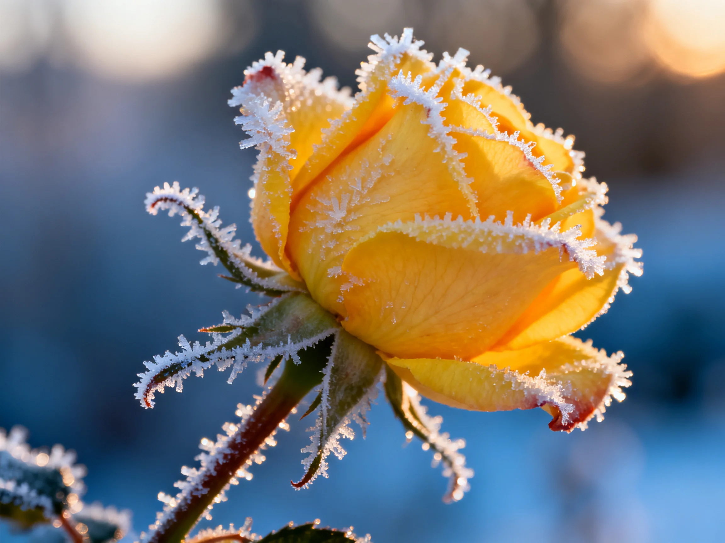 A vibrant yellow rose with intricate frost details
