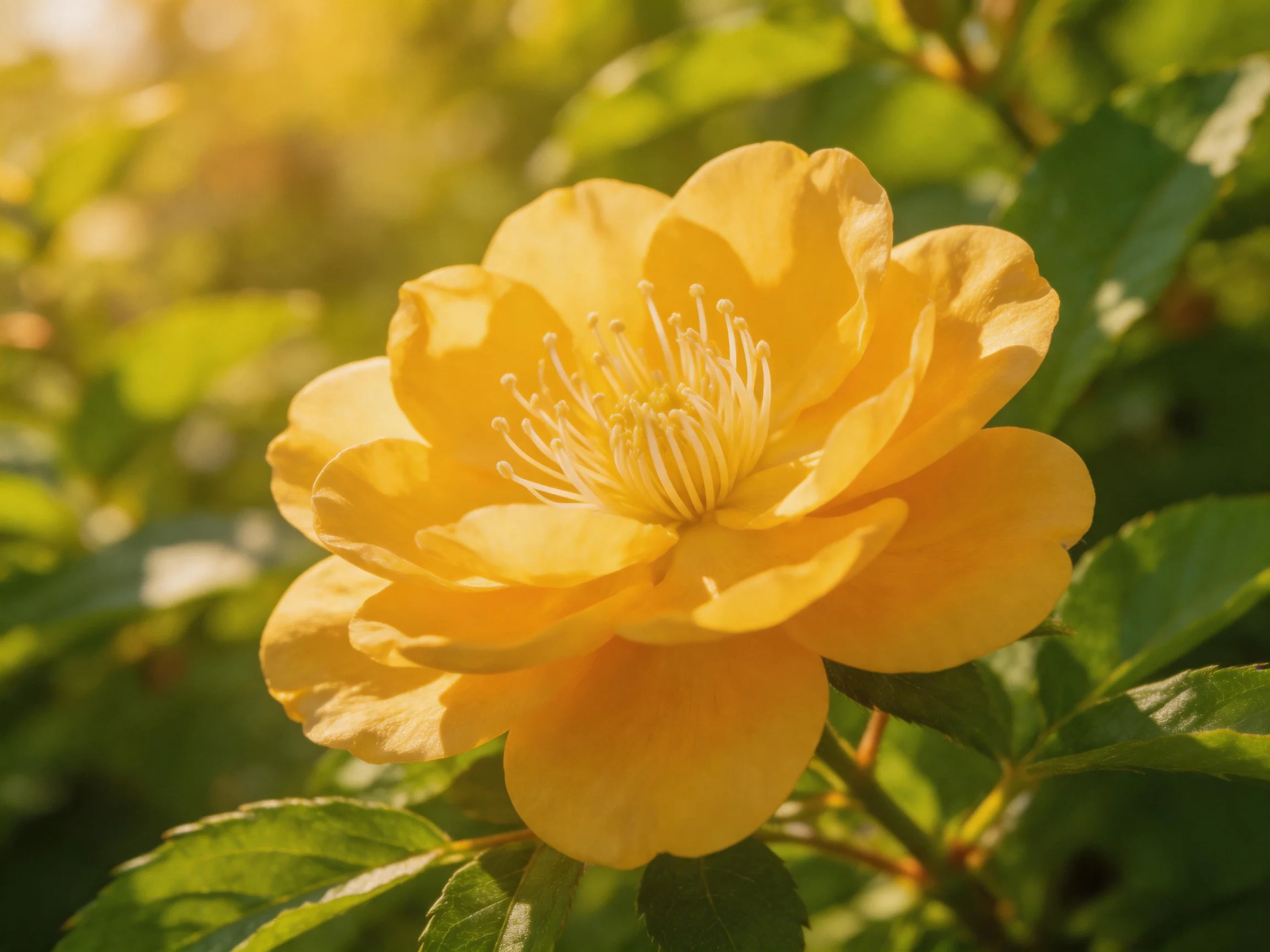 A vibrant yellow rose with layered petalsglows amid green foliage under warm sunlight
